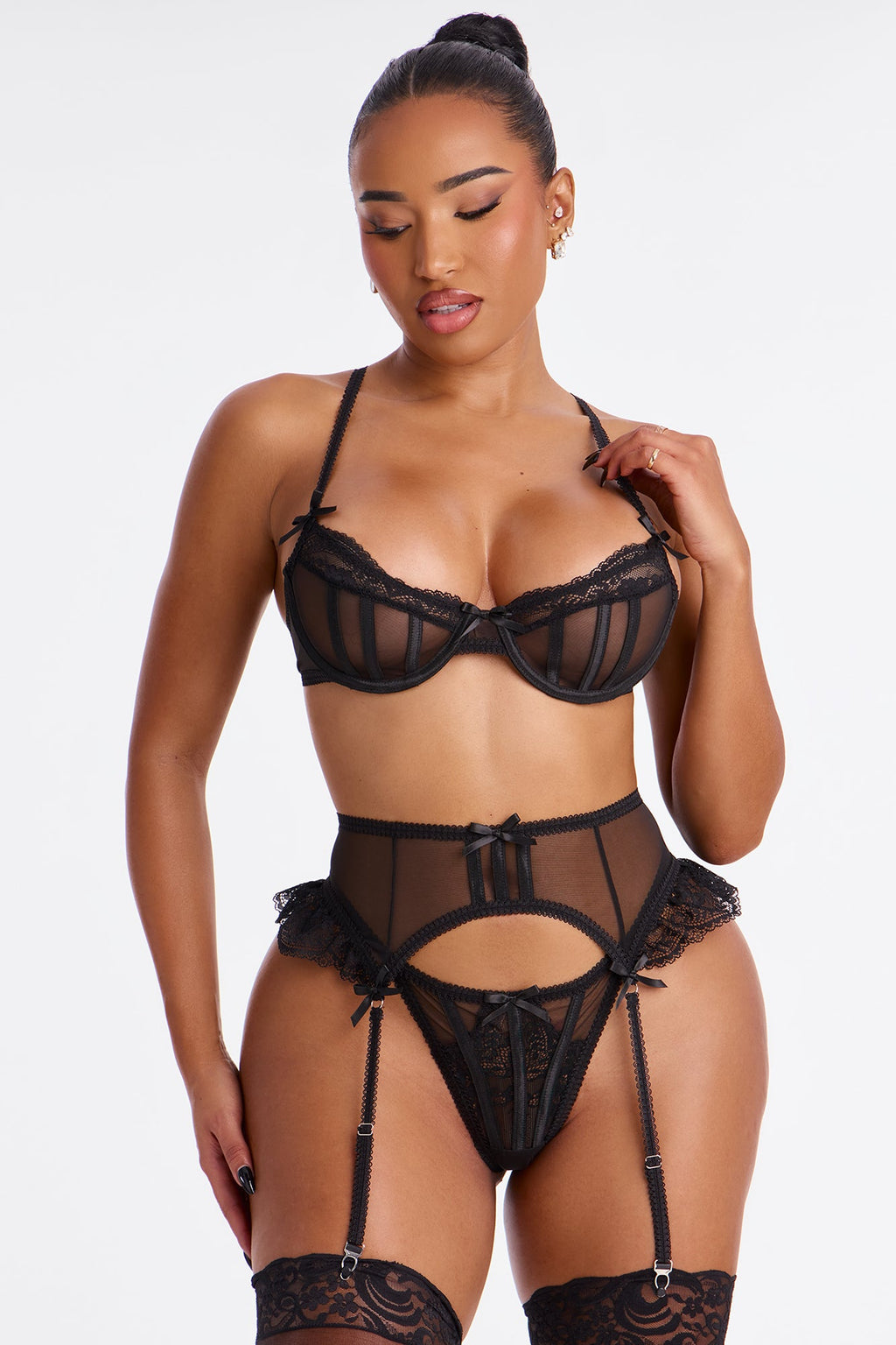 Ellarina 3 Piece Mesh Lace Bra and Panty Garter Set - Black