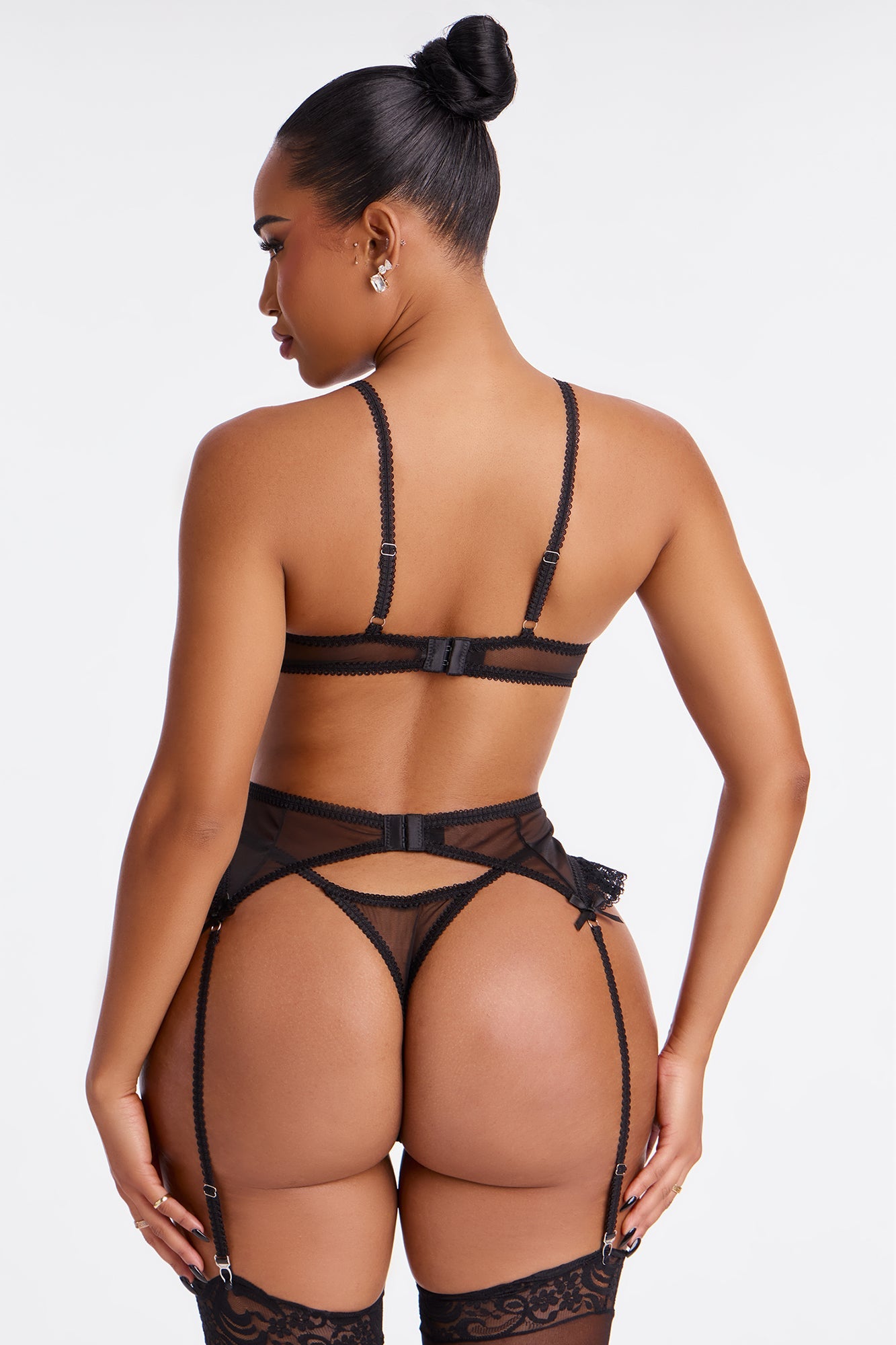 Ellarina 3 Piece Mesh Lace Bra and Panty Garter Set - Black