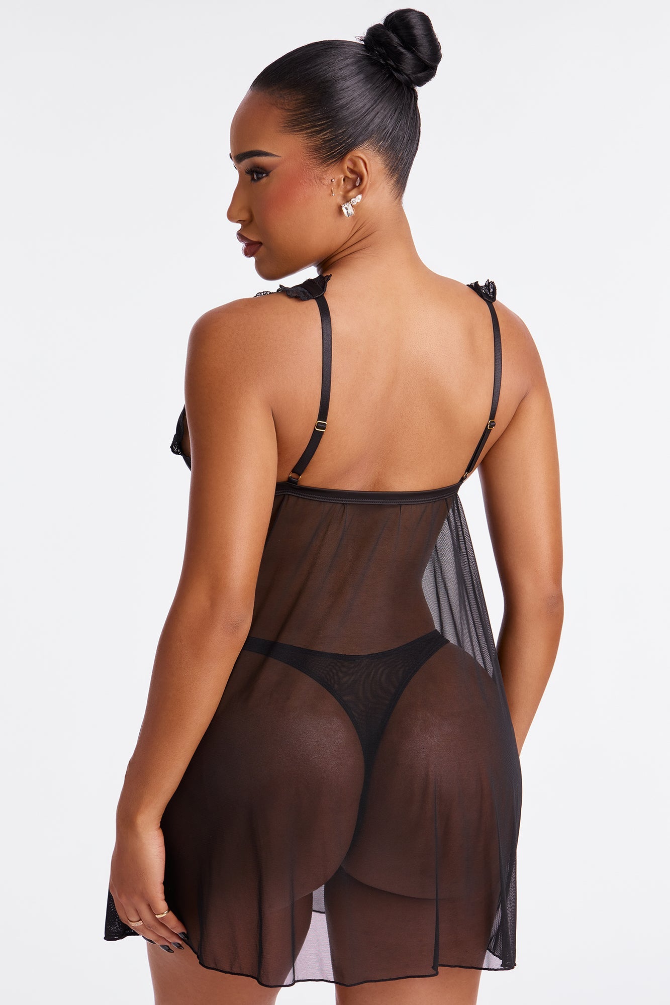 Shadow Kiss Satin Mesh 3 Piece Babydoll Set - Black