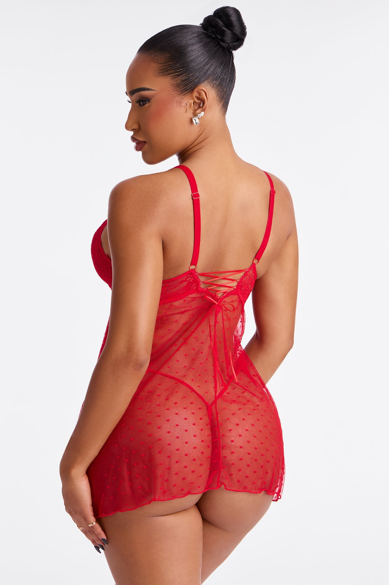 Bedtime Sheer Lace Trim Mini Babydoll - Red