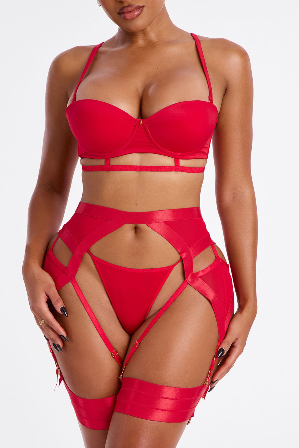 Just Strappy Satin 3 Piece Garter Set - Red