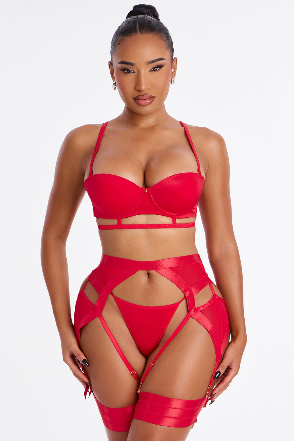 Just Strappy Satin 3 Piece Garter Set - Red