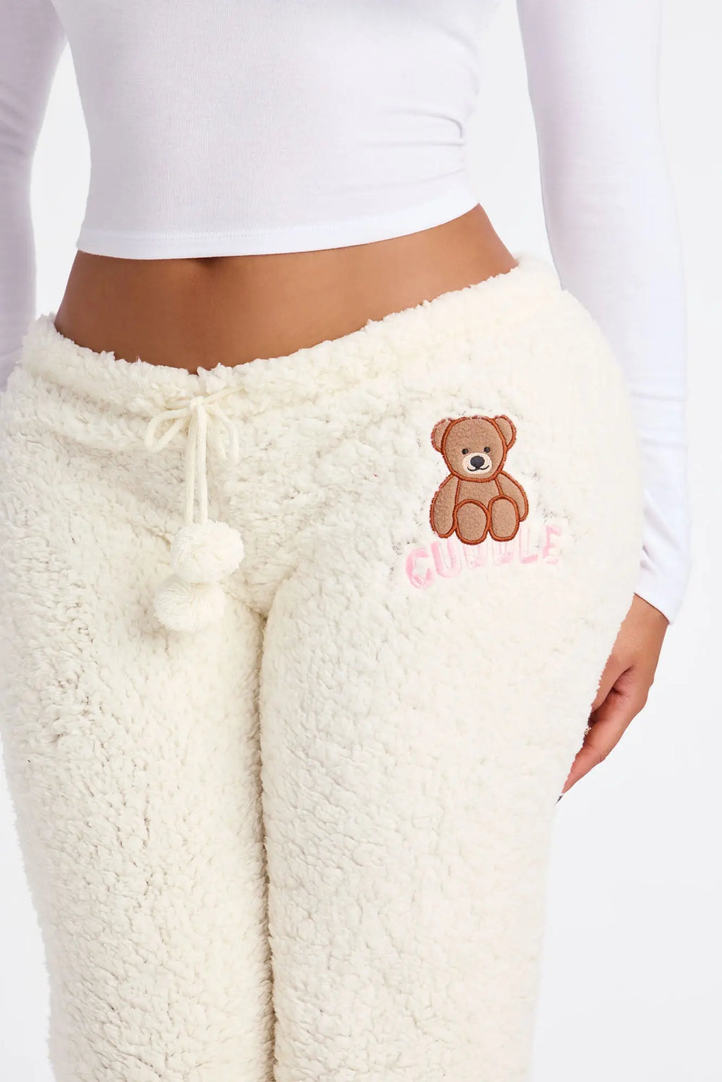 Cuddly Bear Embroidered Sherpa PJ Pants - White 