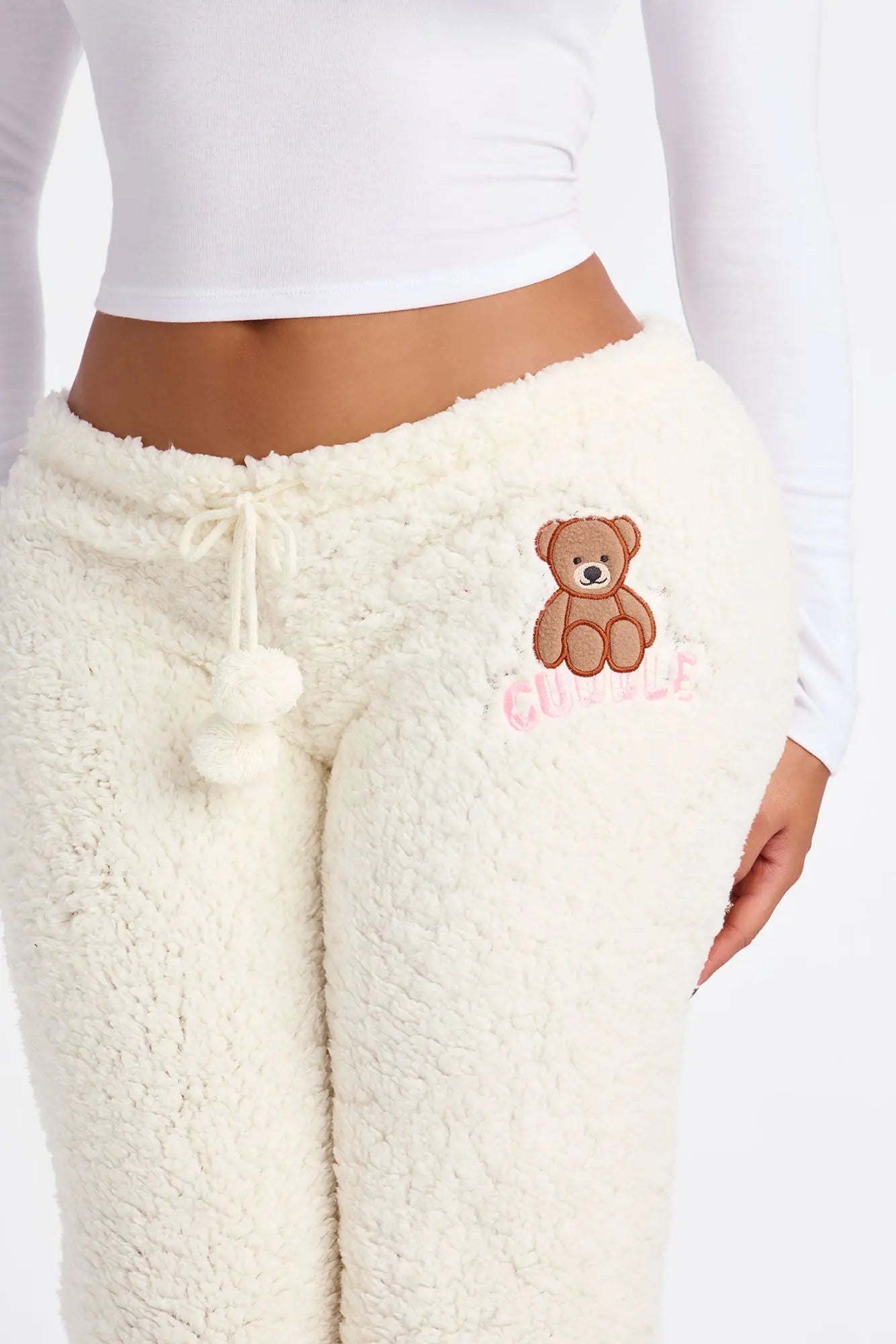 Cuddly Bear Embroidered Sherpa PJ Pants - White 