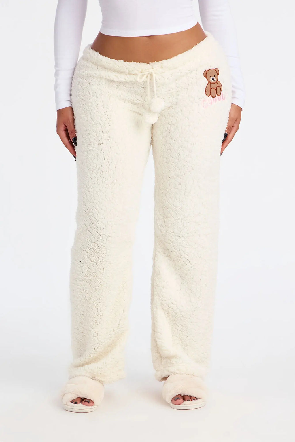 Cuddly Bear Embroidered Sherpa PJ Pants - White 