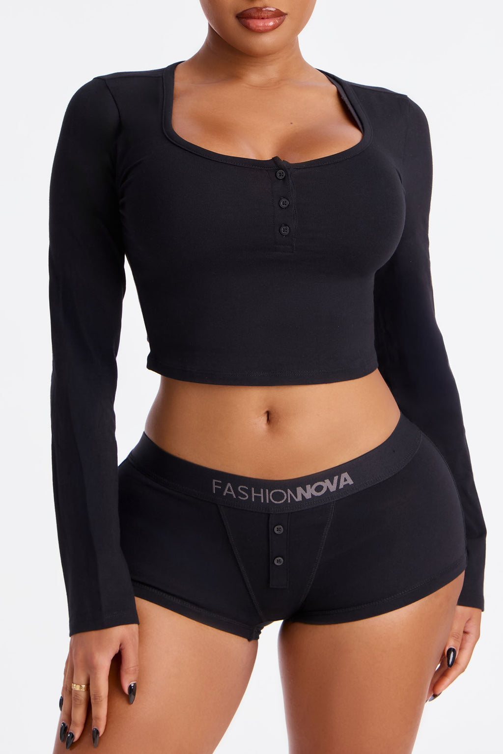 FN Mood Long Sleeve Crop Top And Boxer 2 Piece Cotton Set - Black