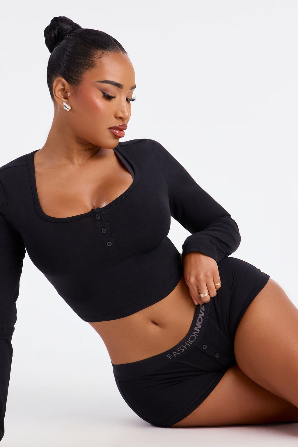 FN Mood Long Sleeve Crop Top And Boxer 2 Piece Cotton Set - Black