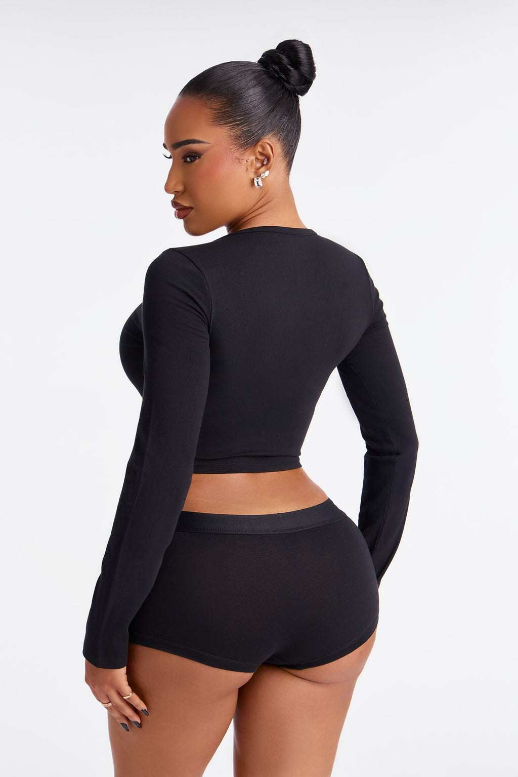 FN Mood Long Sleeve Crop Top And Boxer 2 Piece Cotton Set - Black