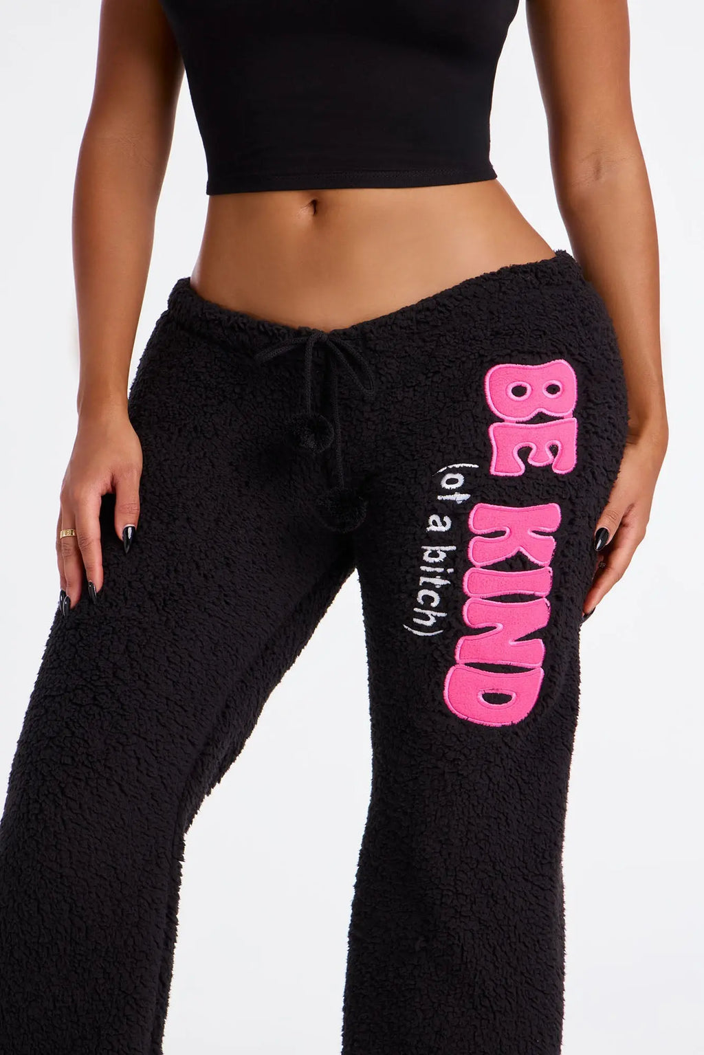 Be Kind Embroidered Sherpa PJ Pants - Black 
