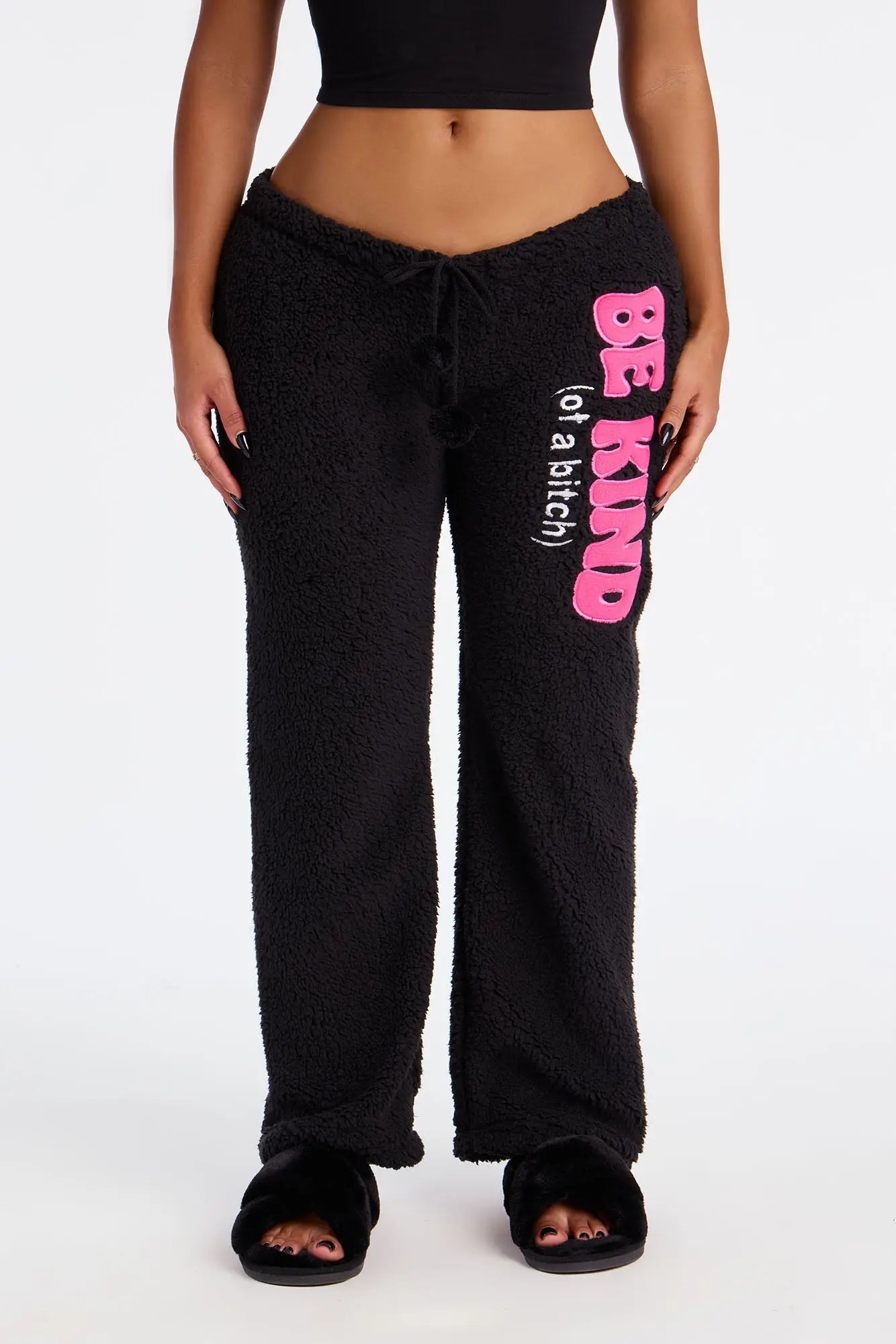 Be Kind Embroidered Sherpa PJ Pants - Black 