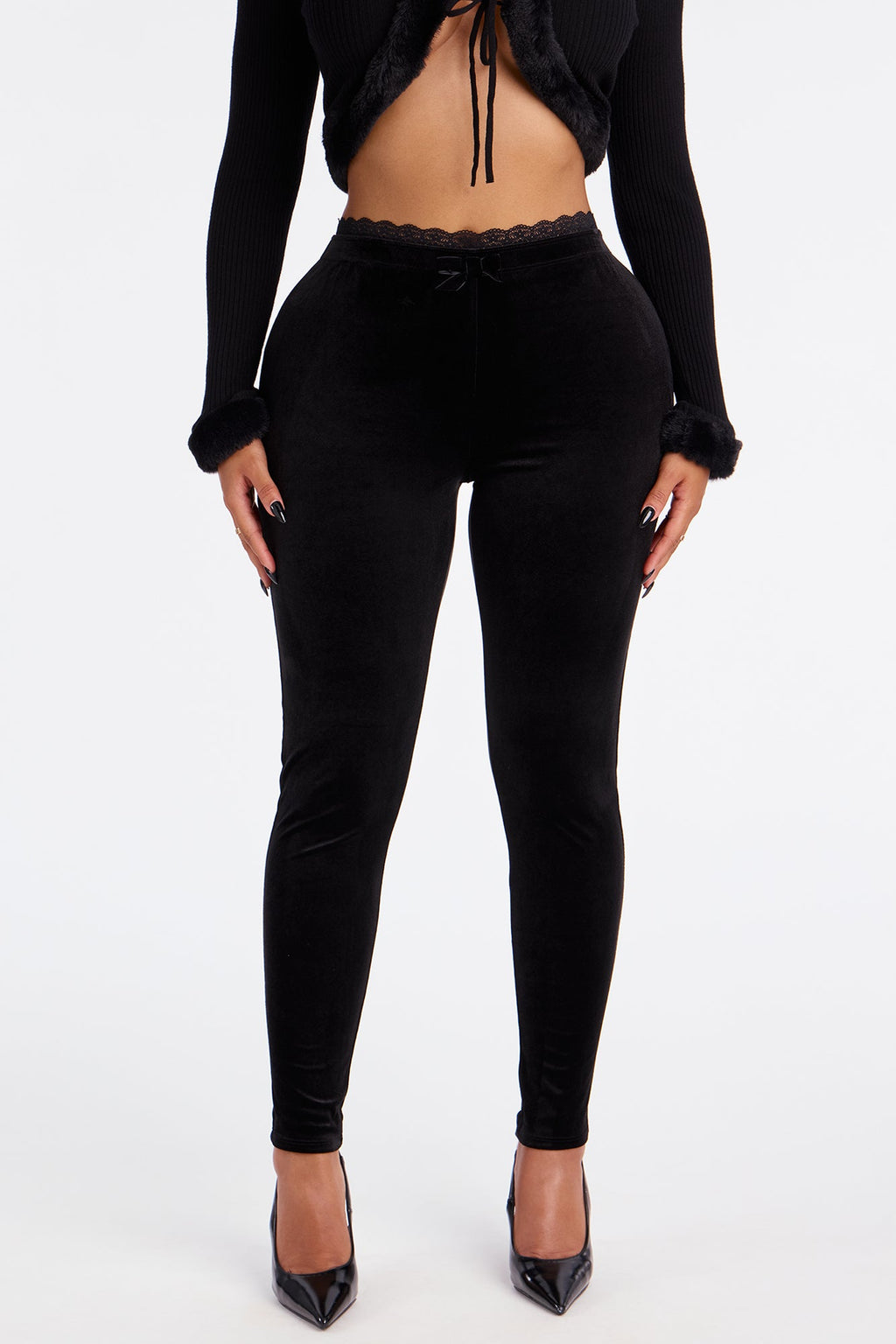 Valentina Solid Lace Trim Velvet Legging - Black