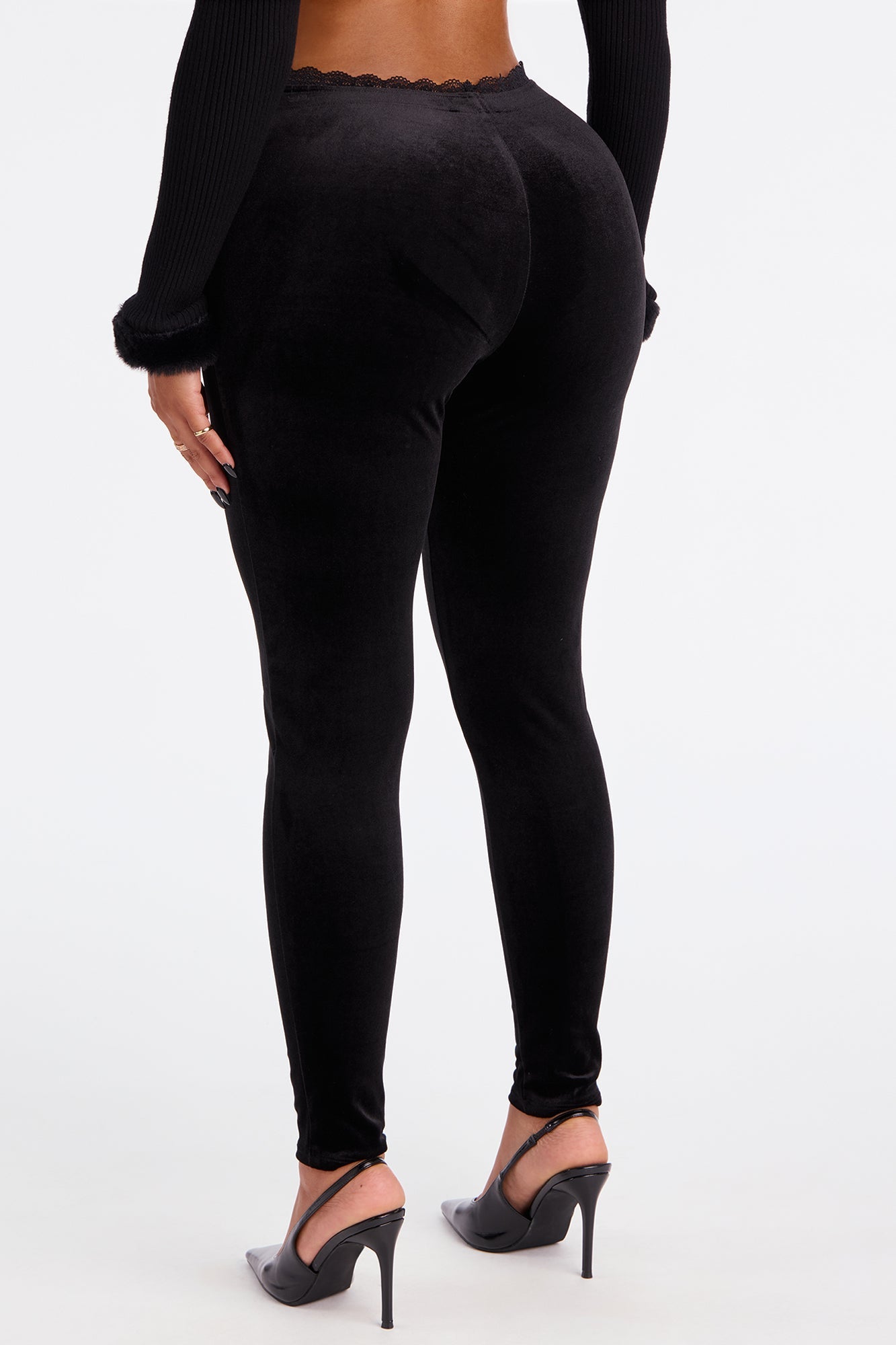 Valentina Solid Lace Trim Velvet Legging - Black