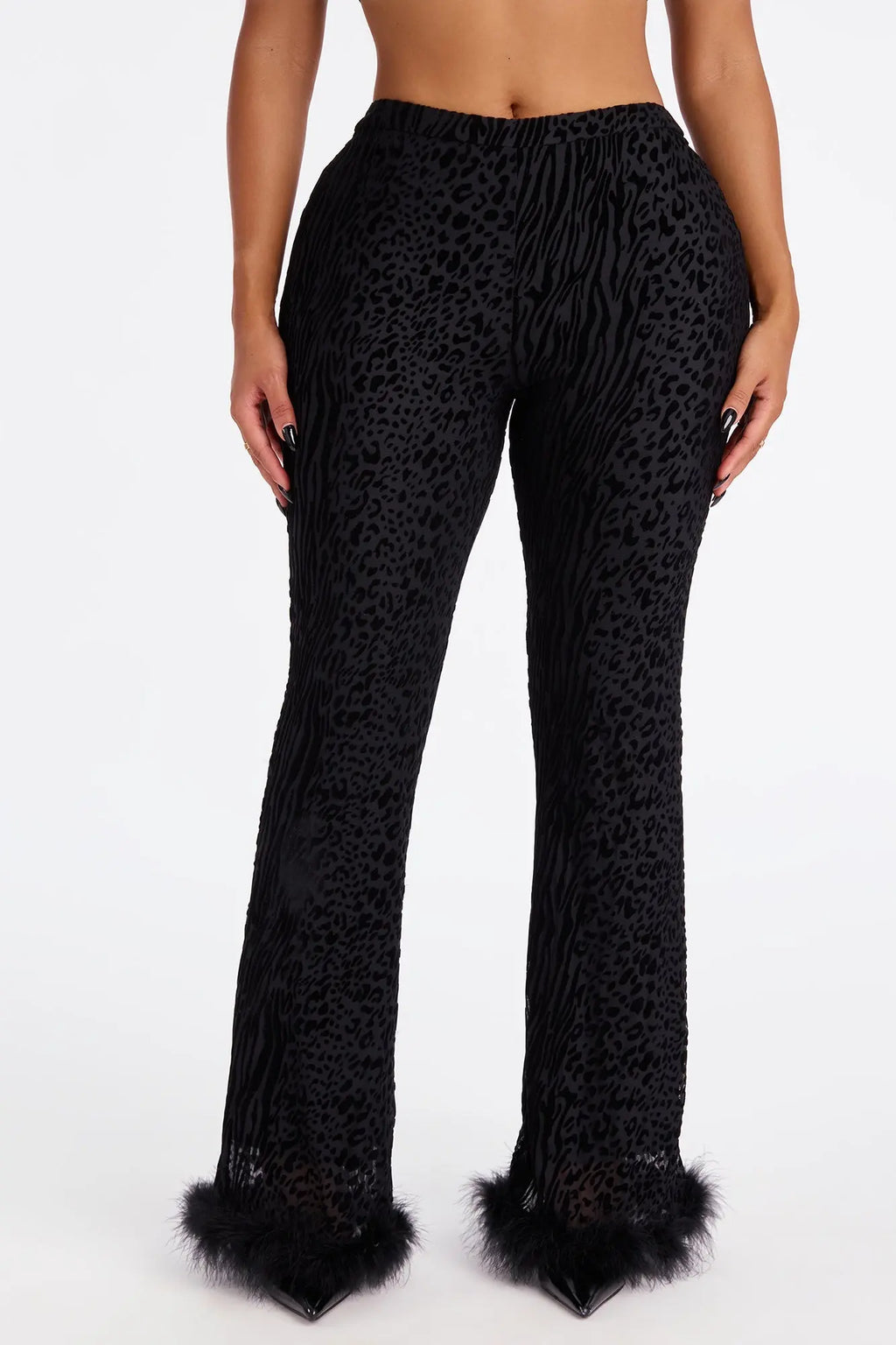 Wild Whisper Velvet Burnout Feather Trim Pant - Black 