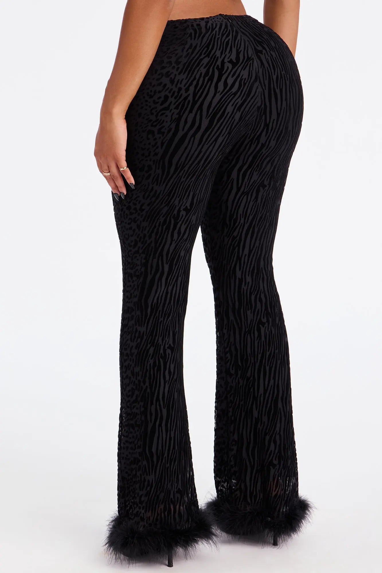 Wild Whisper Velvet Burnout Feather Trim Pant - Black 
