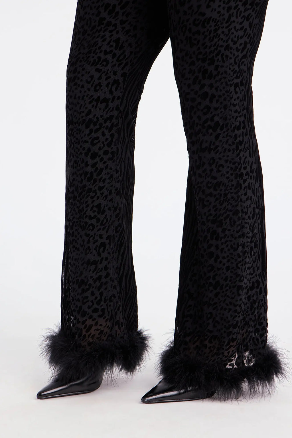 Wild Whisper Velvet Burnout Feather Trim Pant - Black 