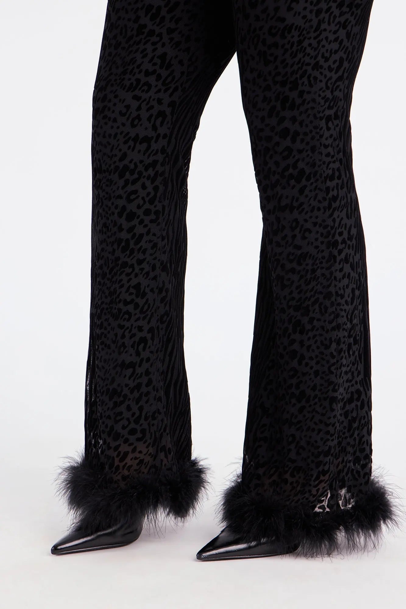 Wild Whisper Velvet Burnout Feather Trim Pant - Black 