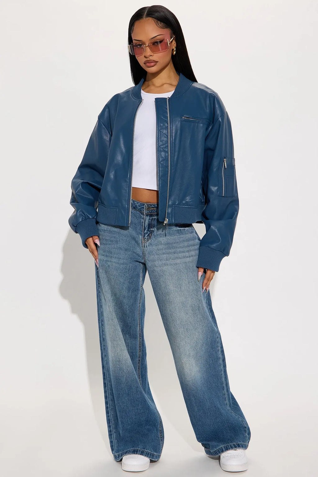 Brooke Faux Leather Bomber Jacket - Blue 