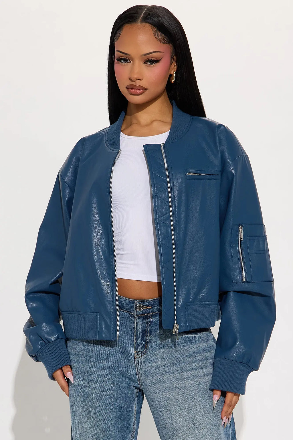 Brooke Faux Leather Bomber Jacket - Blue 