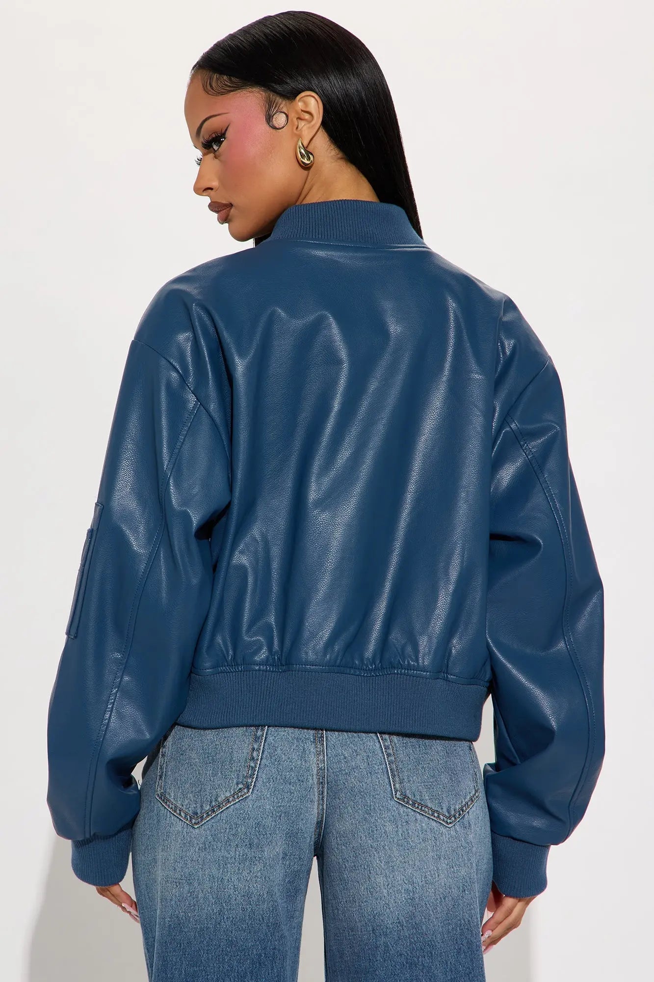 Brooke Faux Leather Bomber Jacket - Blue 