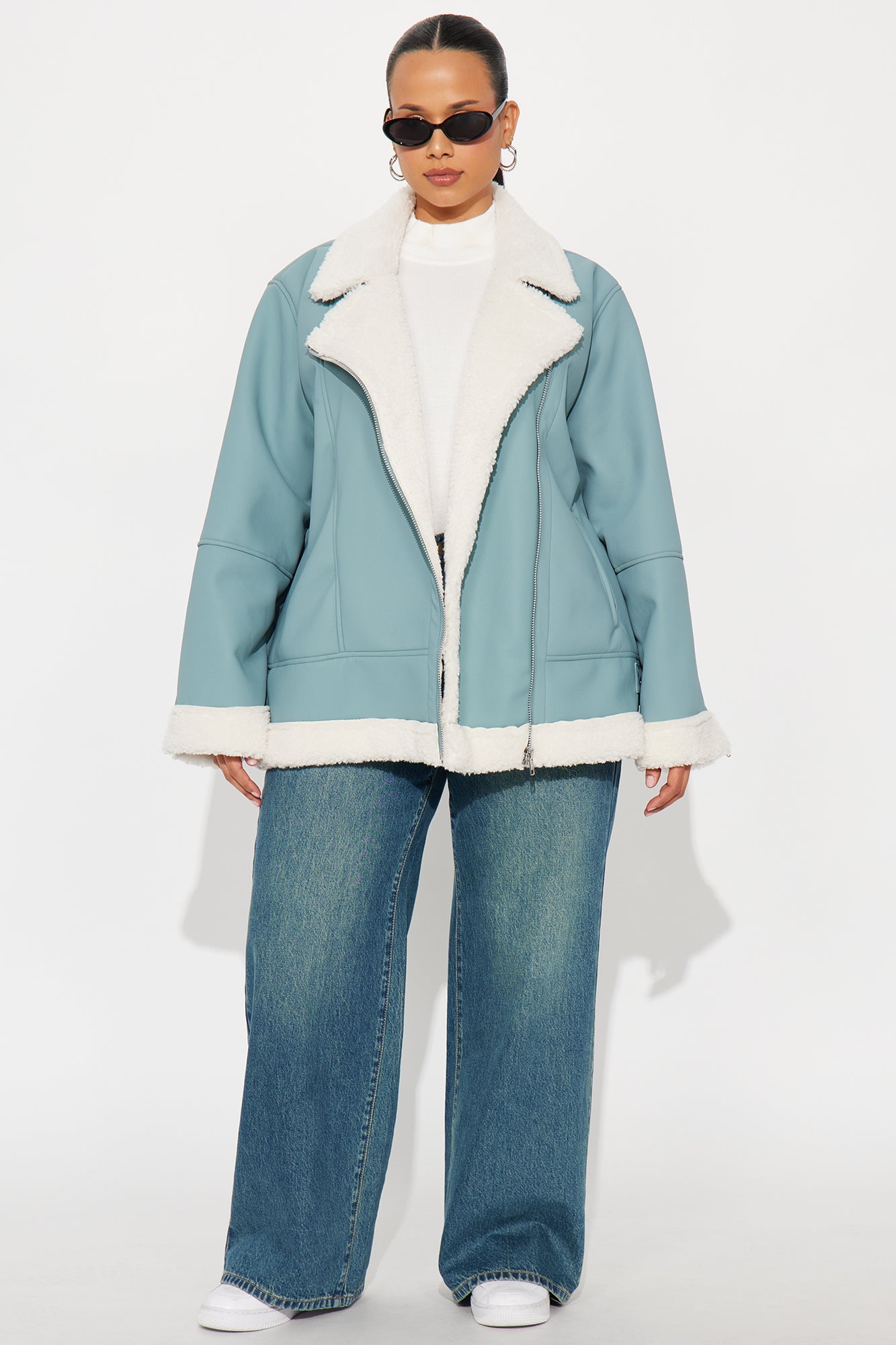 Simone Faux Leather Fur Lined Moto Jacket - Dusty Blue 