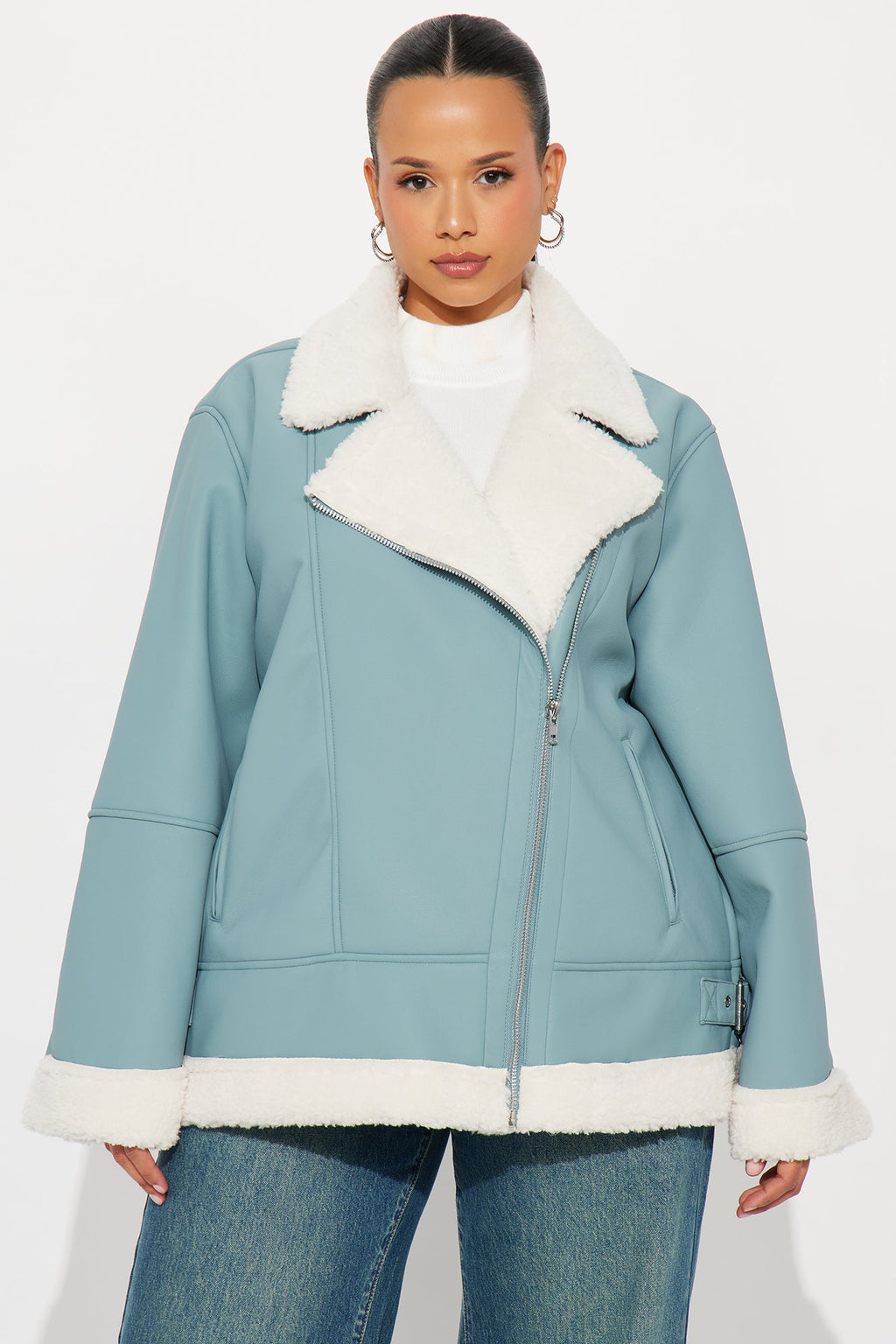 Simone Faux Leather Fur Lined Moto Jacket - Dusty Blue 