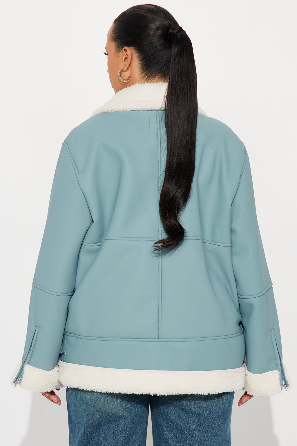 Simone Faux Leather Fur Lined Moto Jacket - Dusty Blue 