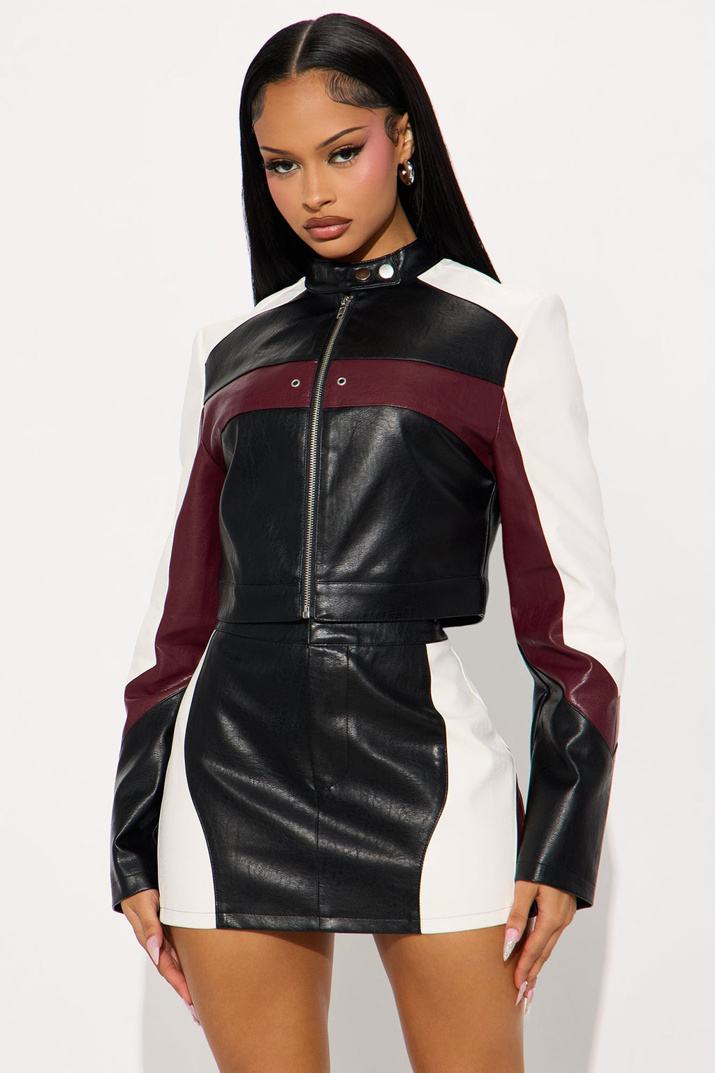 In The City Faux Leather Skirt Set - Burgundy/combo 