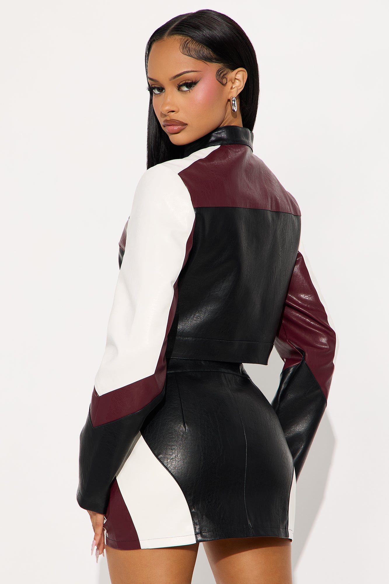 In The City Faux Leather Skirt Set - Burgundy/combo 