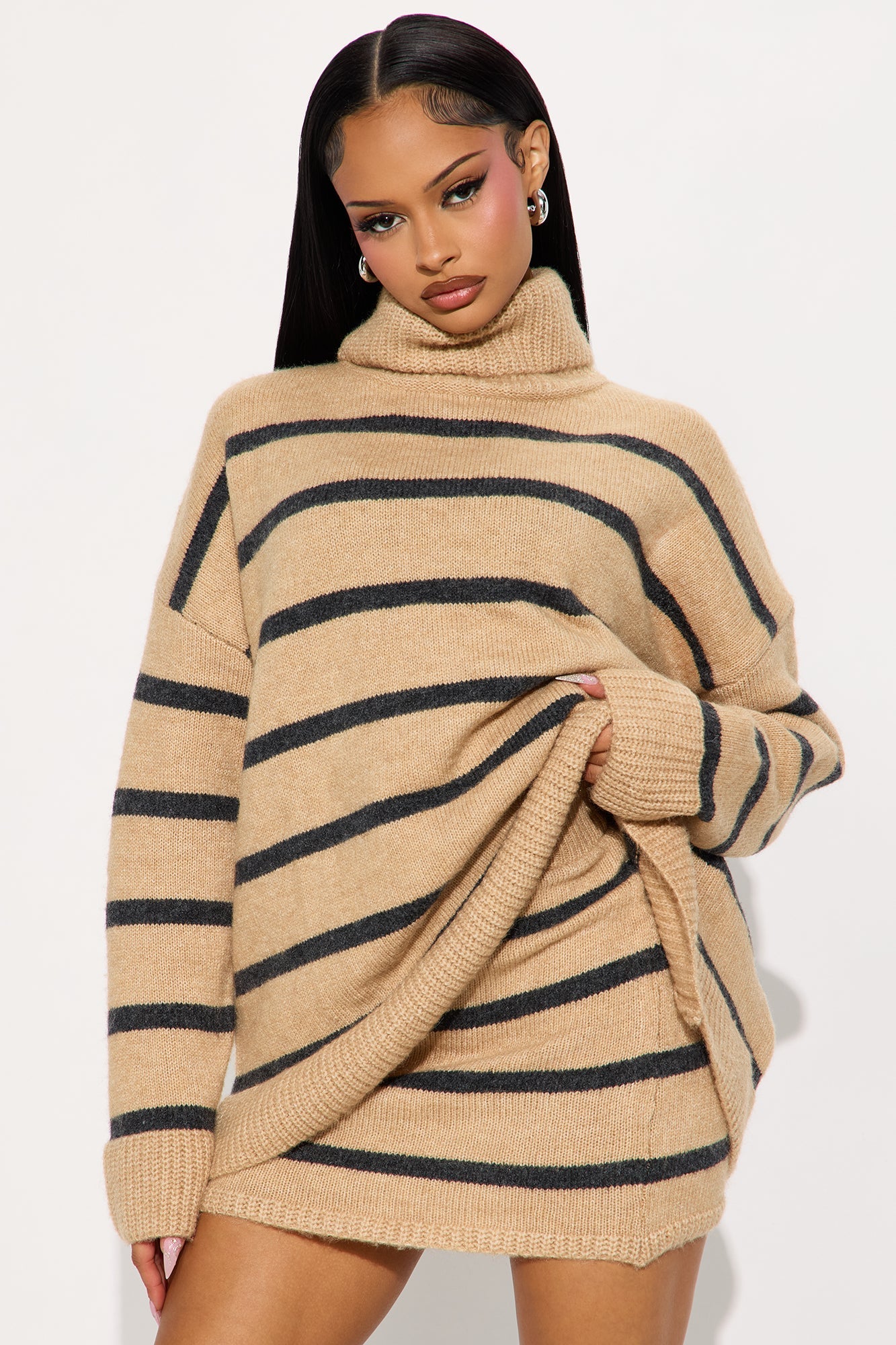 Mackenzie Striped Turtle Neck Sweater Skirt Set - Taupe