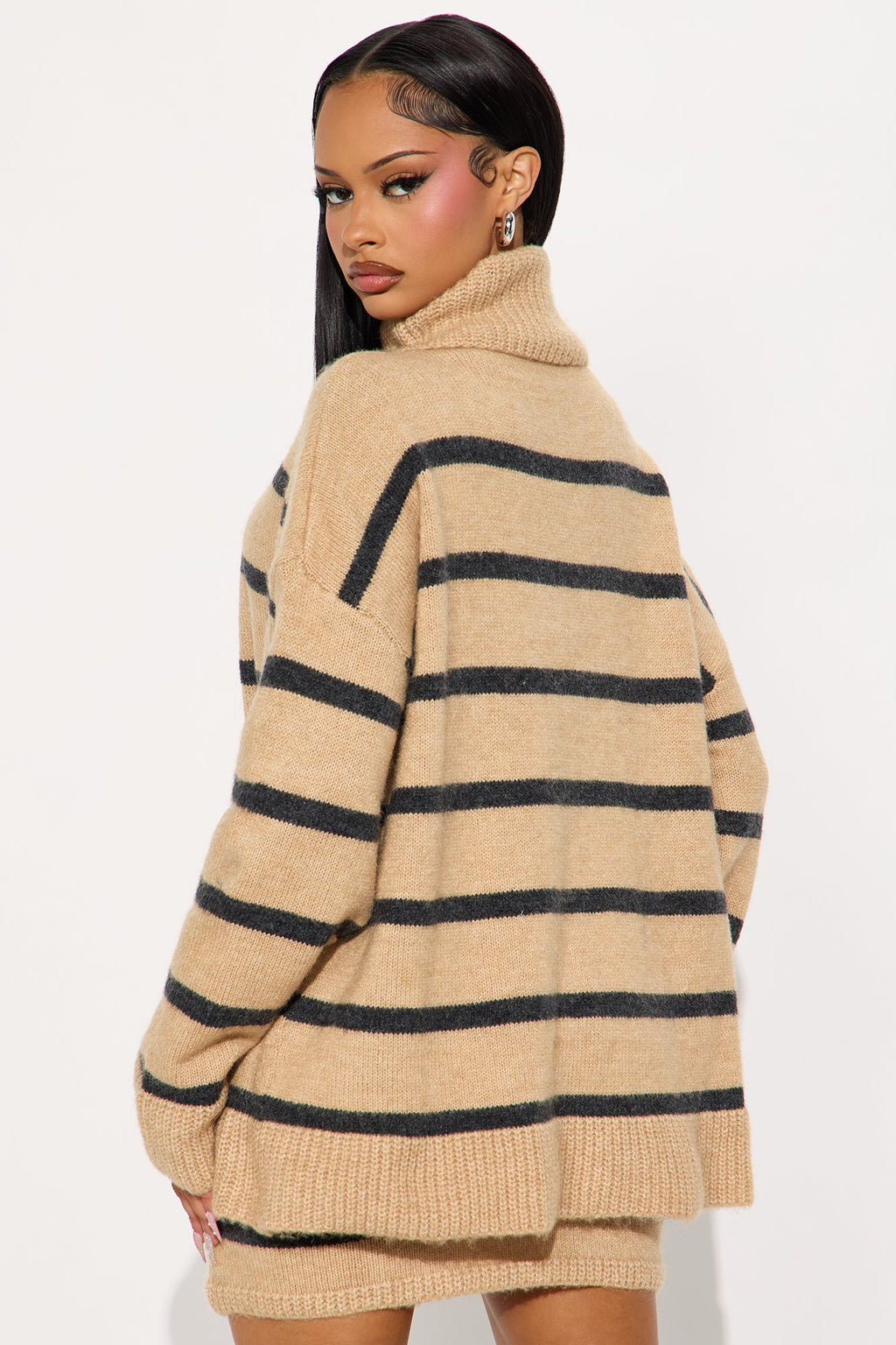 Mackenzie Striped Turtle Neck Sweater Skirt Set - Taupe