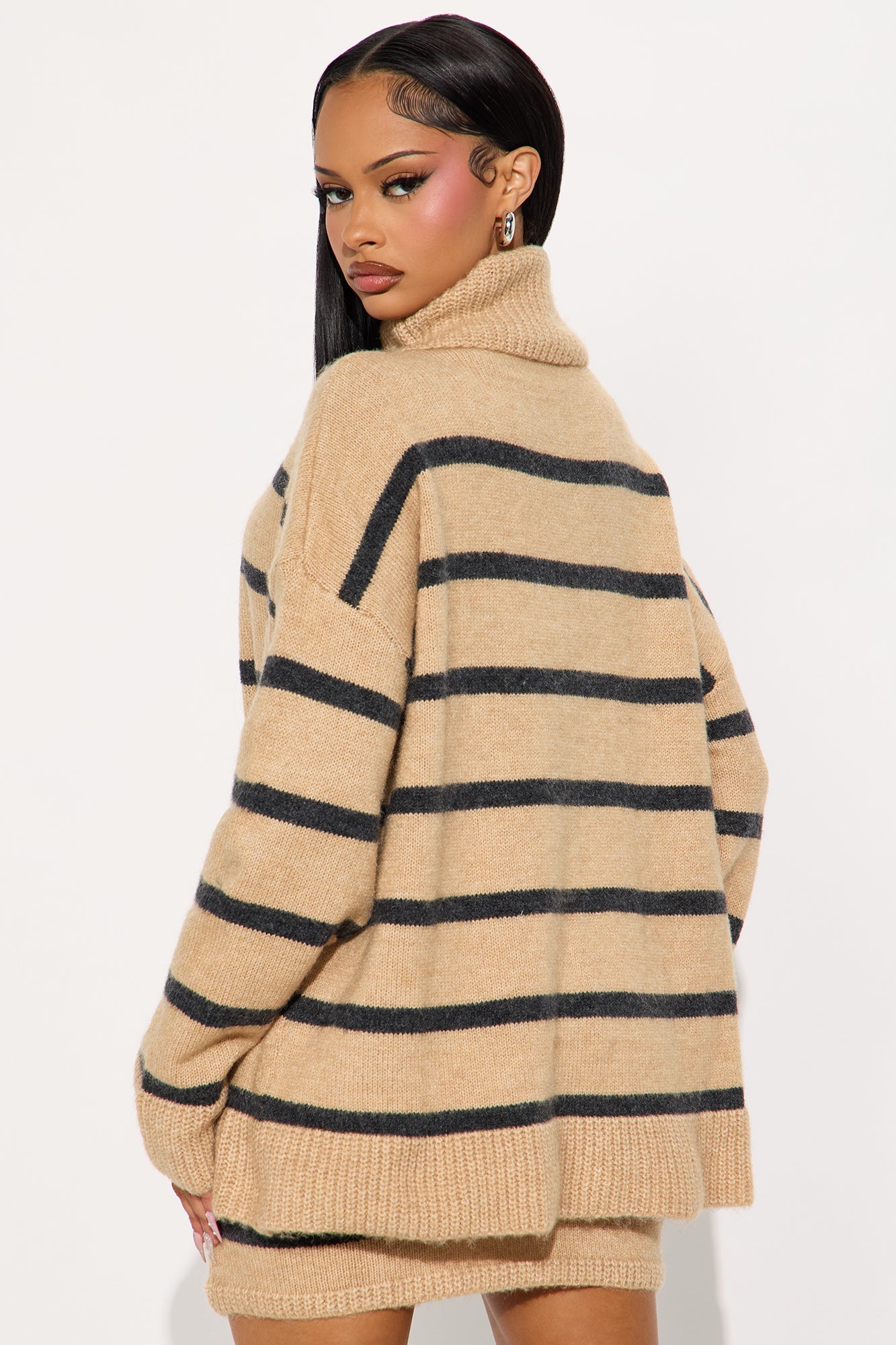 Mackenzie Striped Turtle Neck Sweater Skirt Set - Taupe