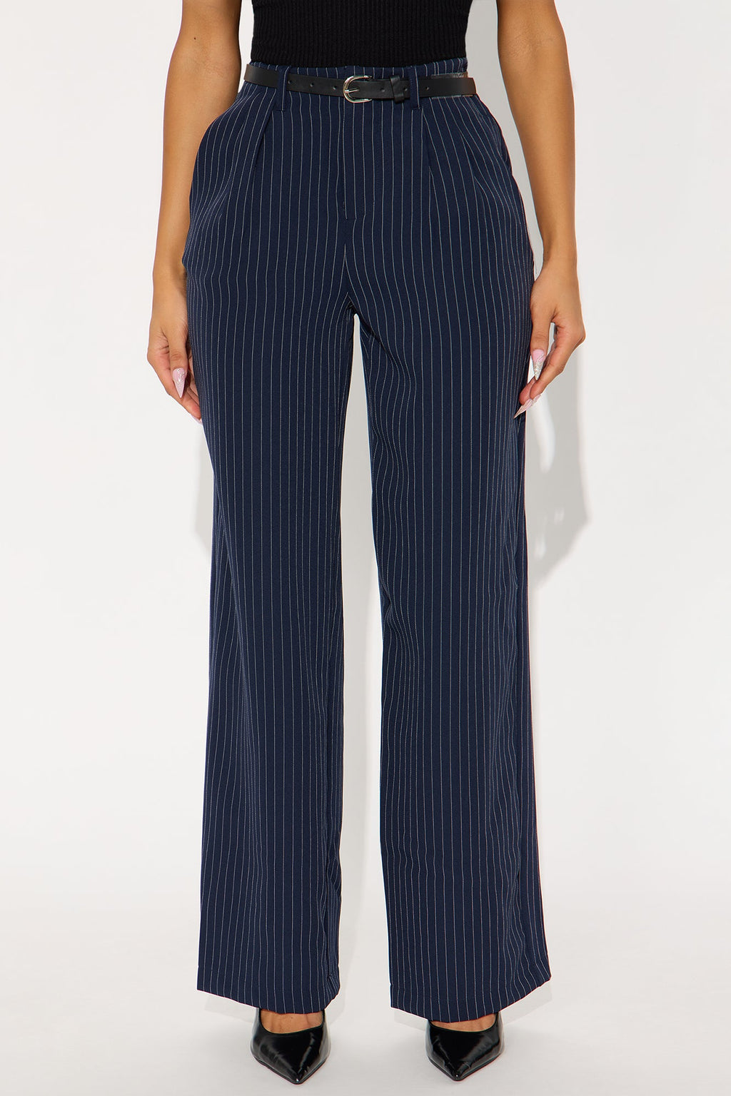 Make A Statement Belted Pinstripe Trouser Pant 31.5 - Navy