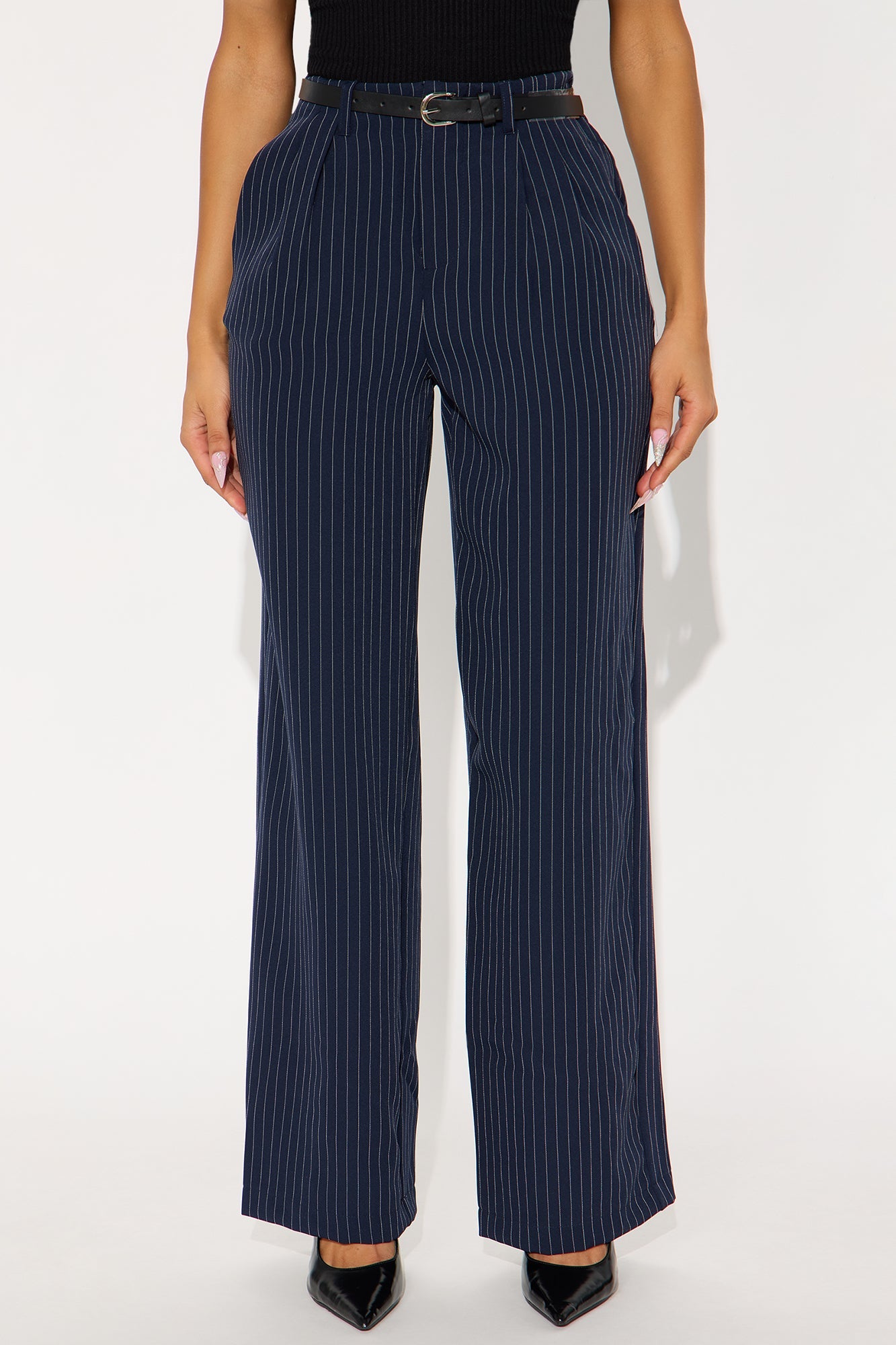 Make A Statement Belted Pinstripe Trouser Pant 31.5 - Navy