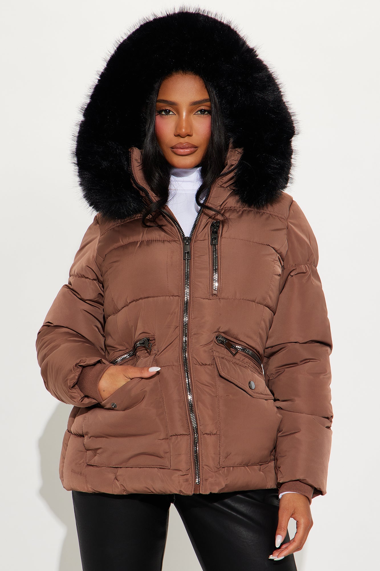 Trip To Aspen Fur Hooded Puffer Jacket - Bronze