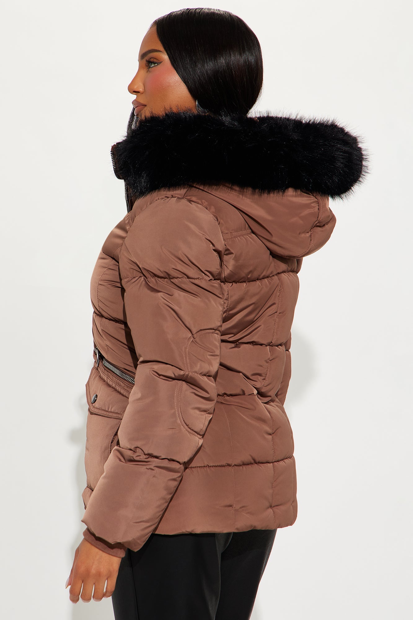 Trip To Aspen Fur Hooded Puffer Jacket - Bronze