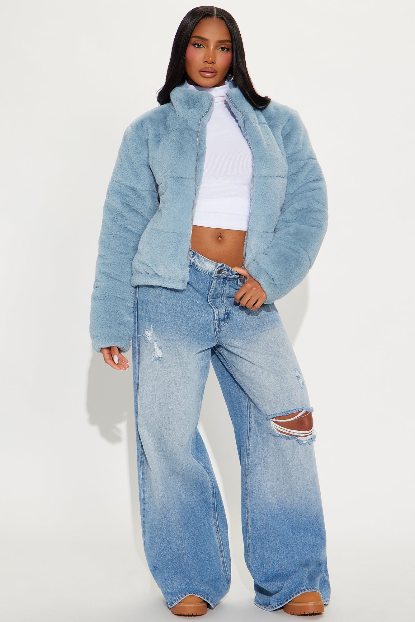 Elizabeth Faux Fur Jacket - Dusty Blue