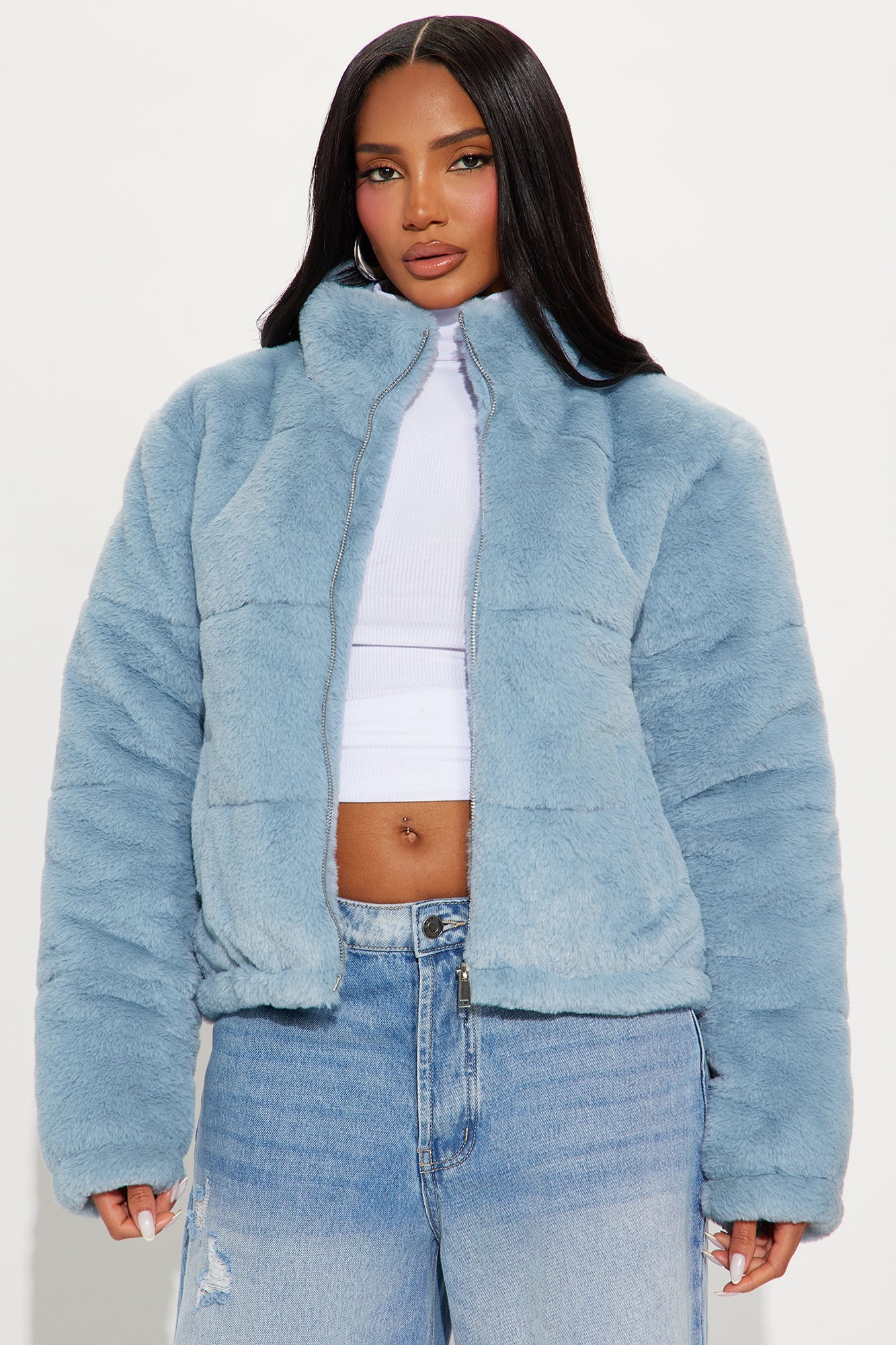 Elizabeth Faux Fur Jacket - Dusty Blue