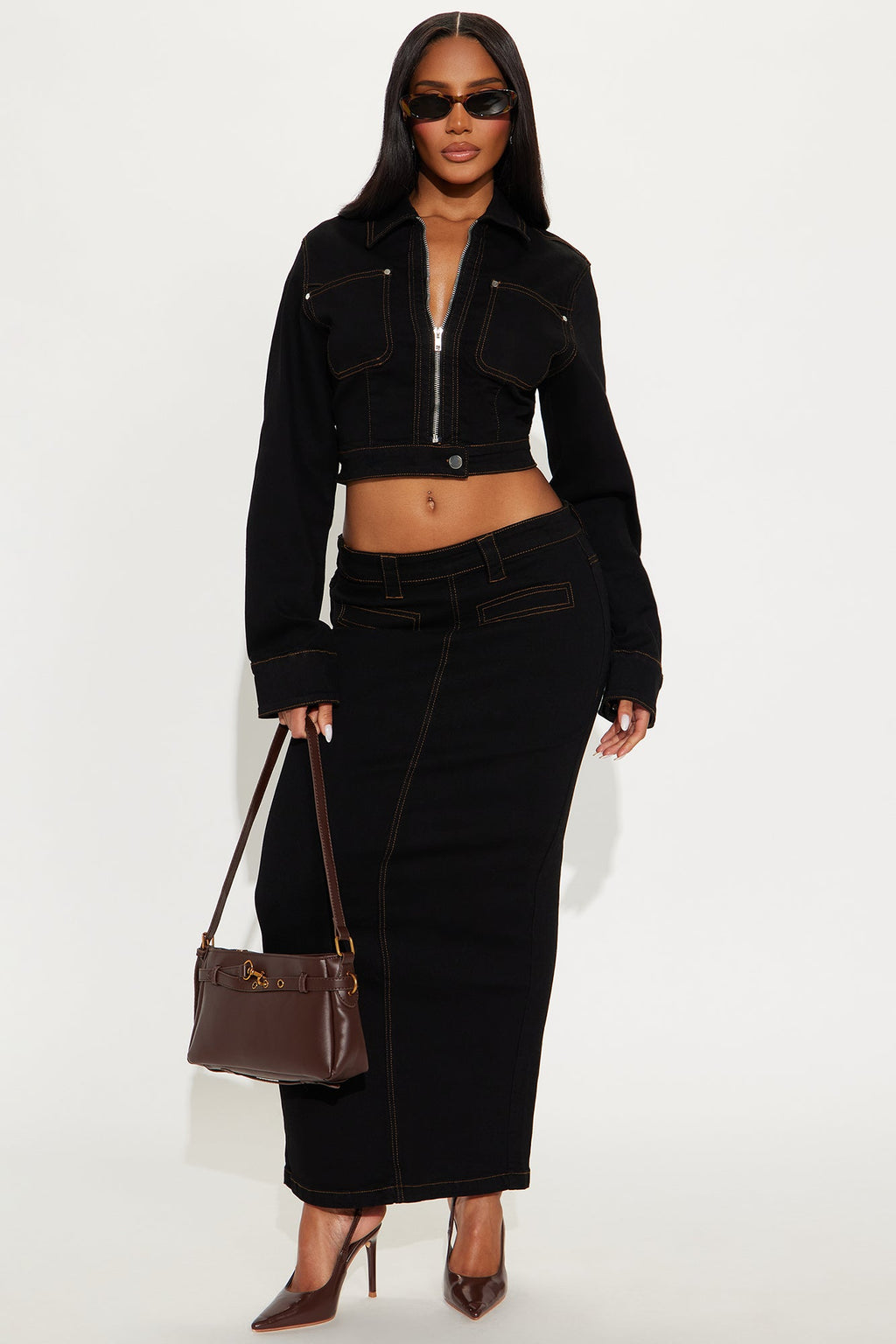 Take Notice Denim Jacket Maxi Skirt Set - Black