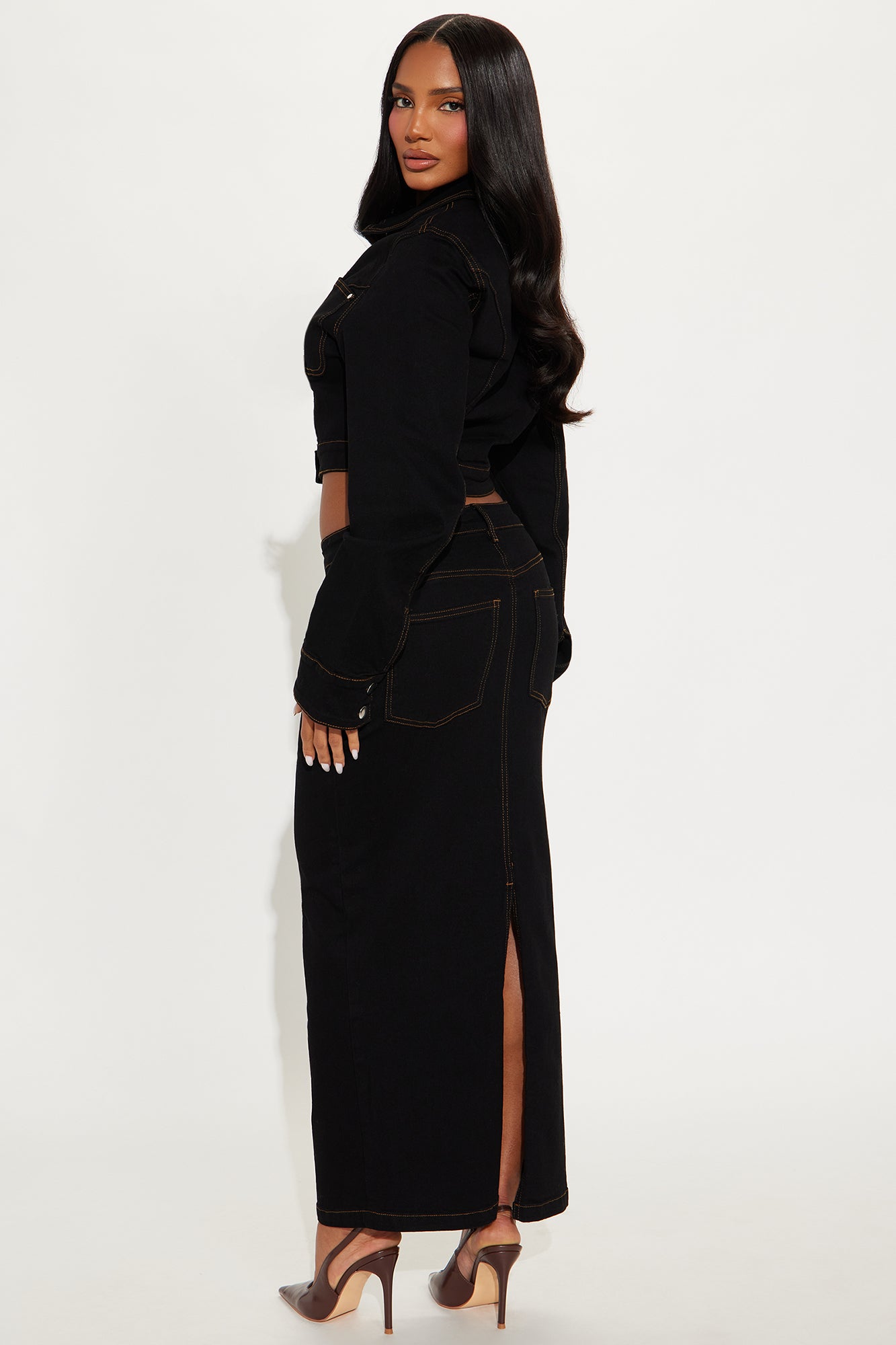 Take Notice Denim Jacket Maxi Skirt Set - Black