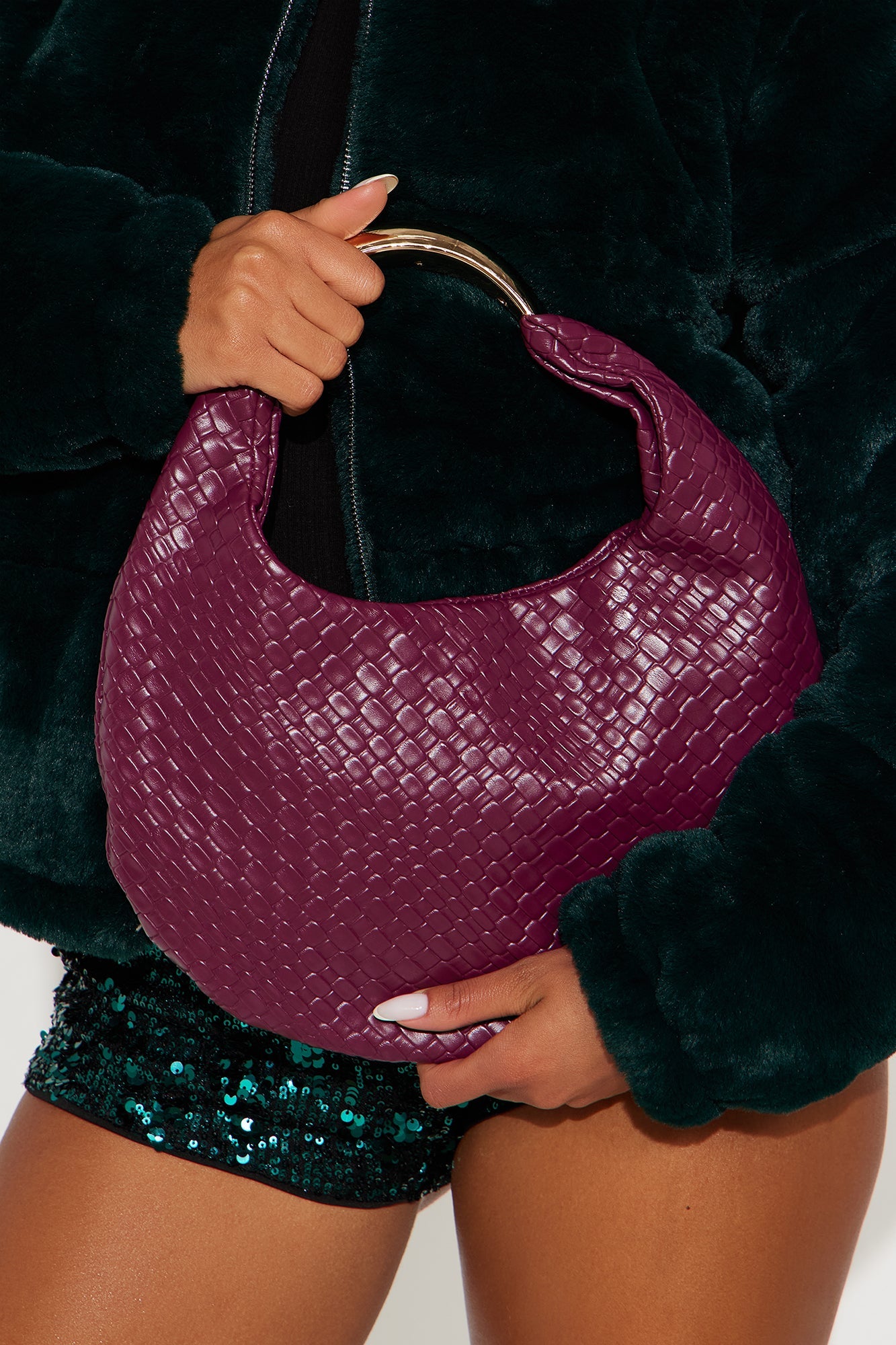 Staple Piece Woven Faux Leather Satchel Handbag - Plum 