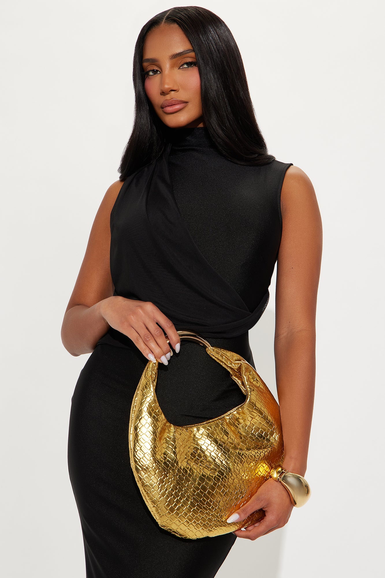 Staple Piece Woven Faux Leather Satchel Handbag - Gold 