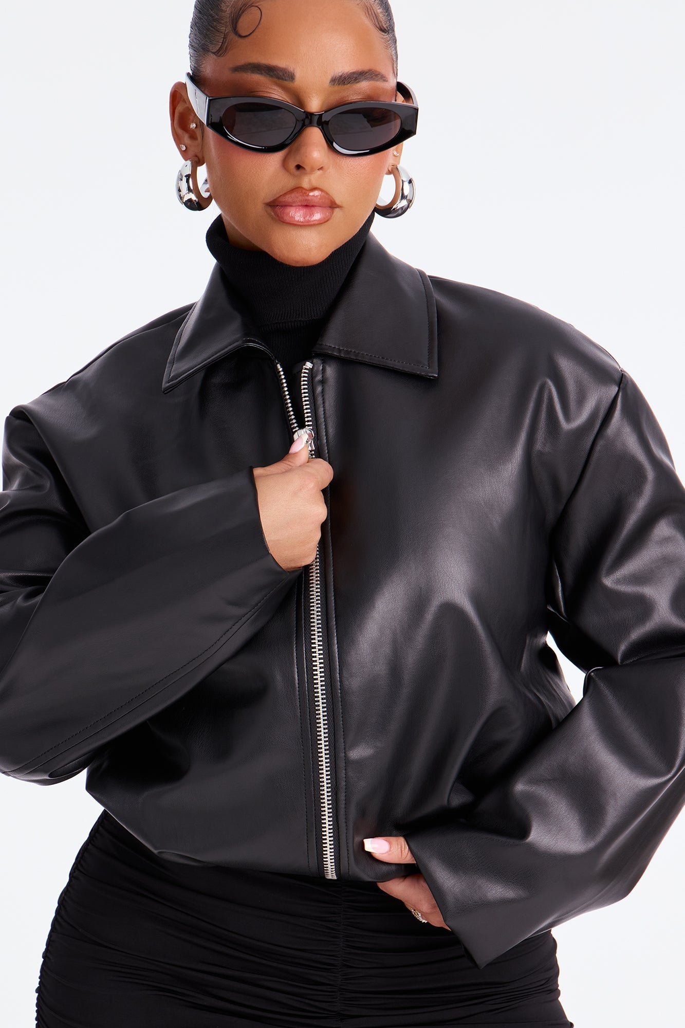 Iman It Girl Faux Leather Bomber Jacket - Black