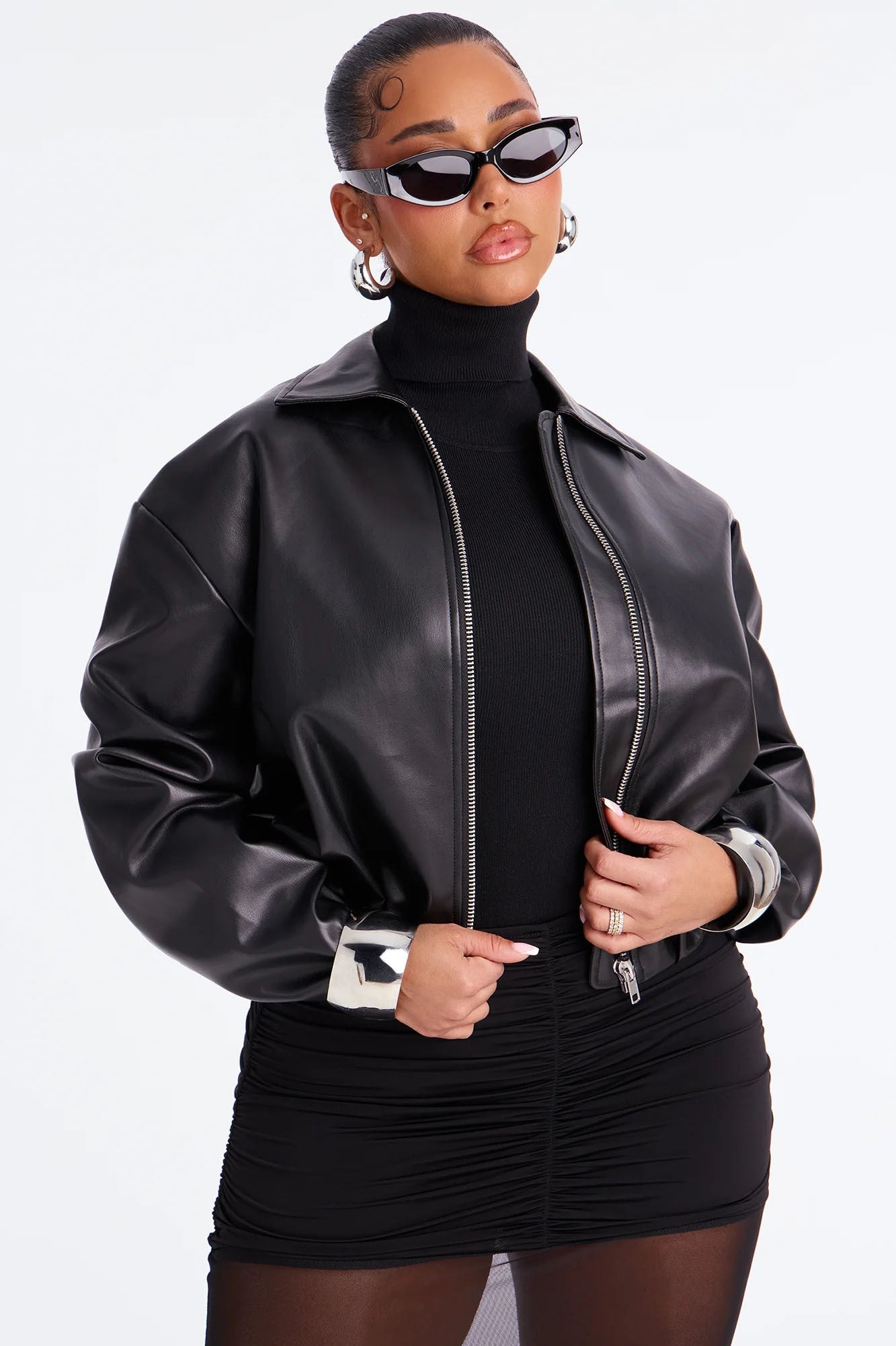 Iman It Girl Faux Leather Bomber Jacket - Black