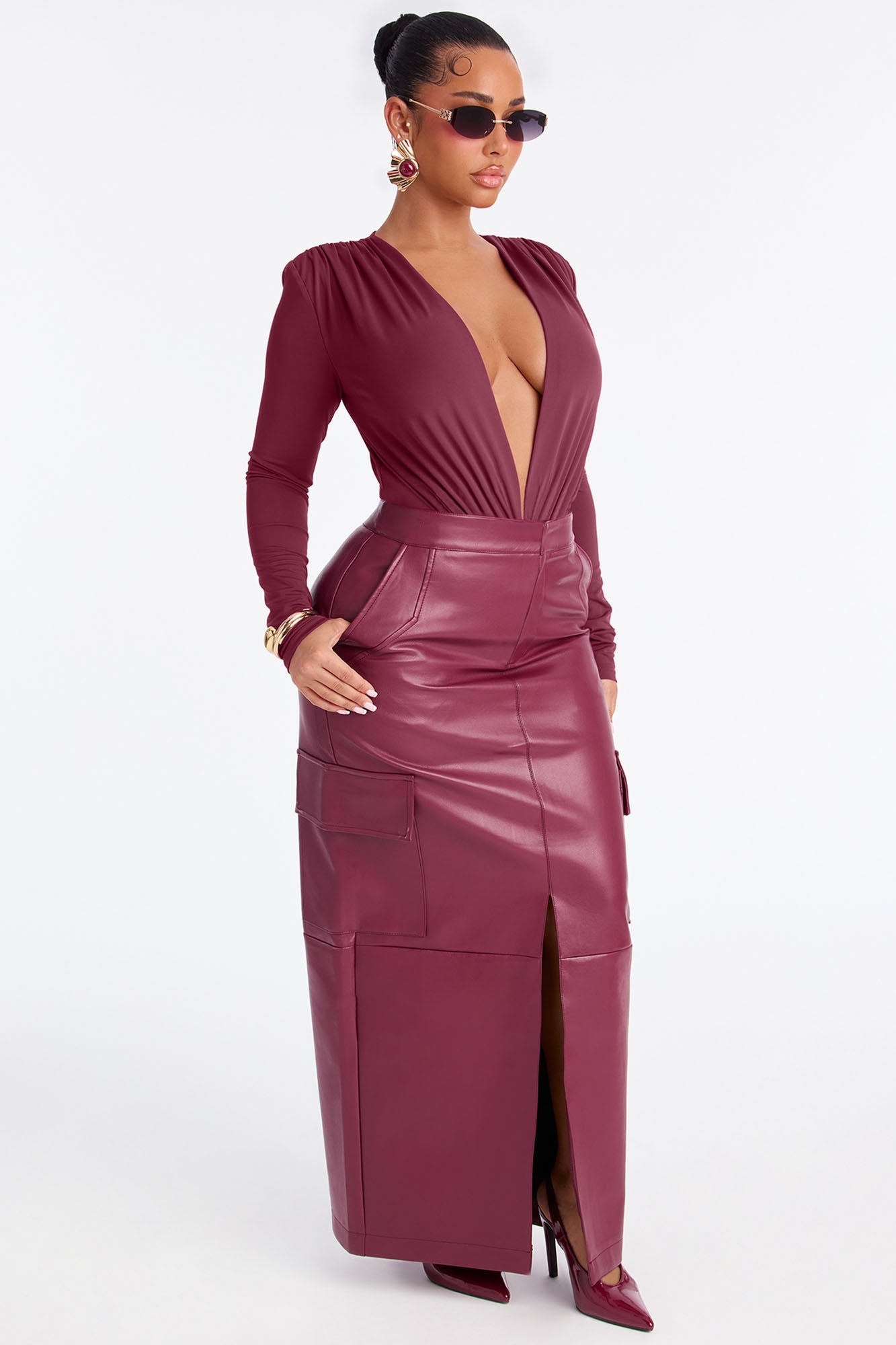 Can't Compare Faux Leather Cargo Maxi Skirt - Wine