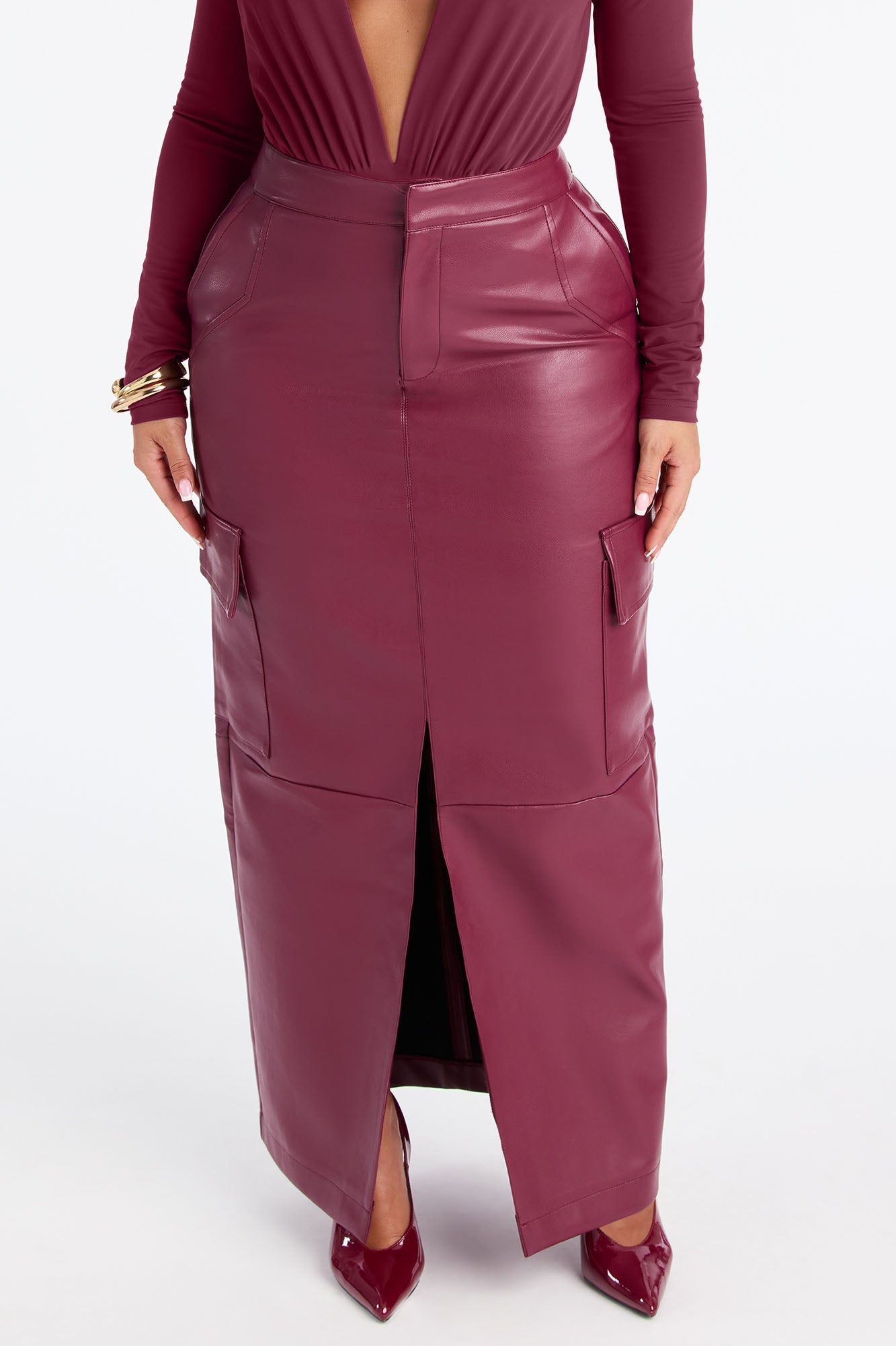 Can't Compare Faux Leather Cargo Maxi Skirt - Wine