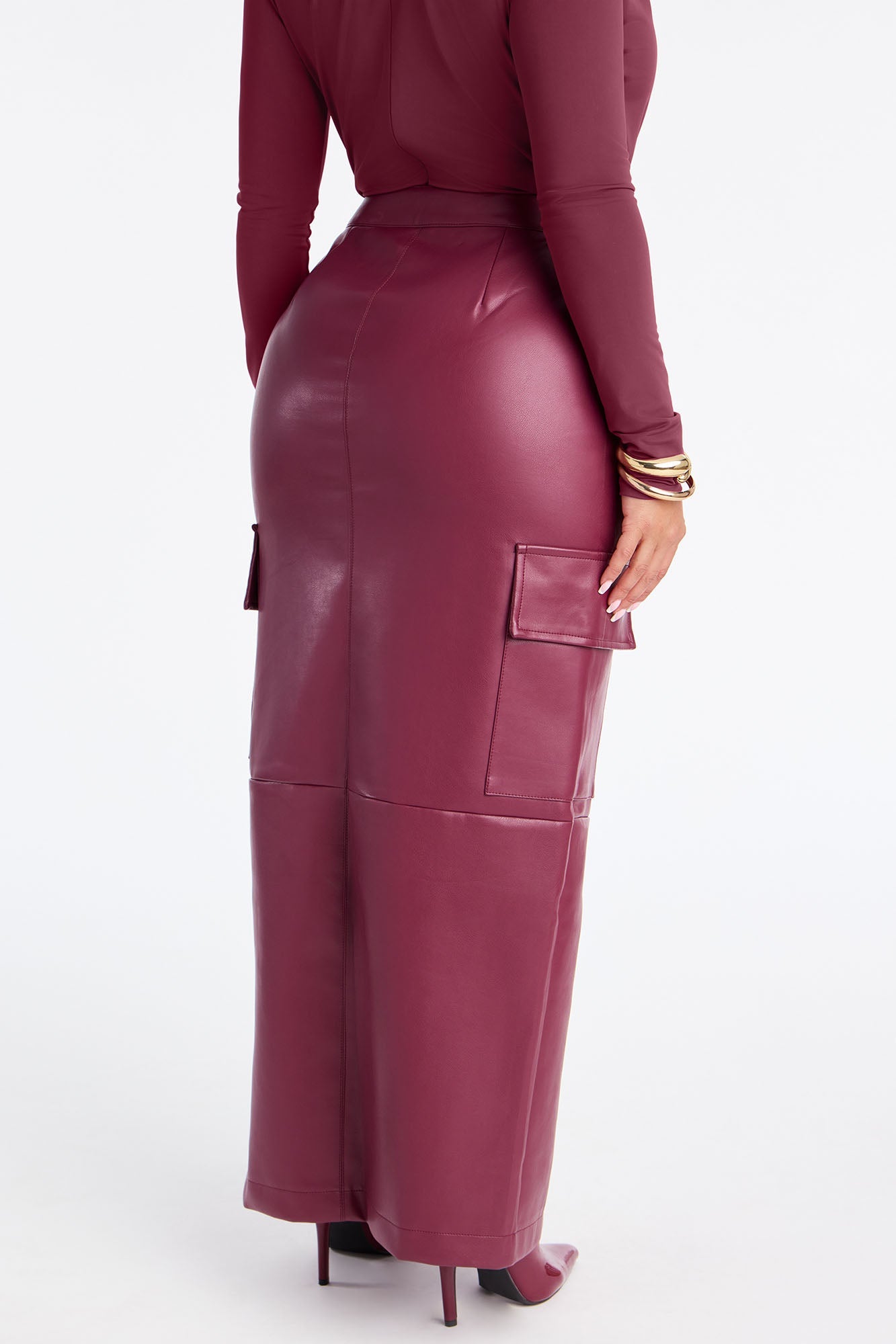 Can't Compare Faux Leather Cargo Maxi Skirt - Wine
