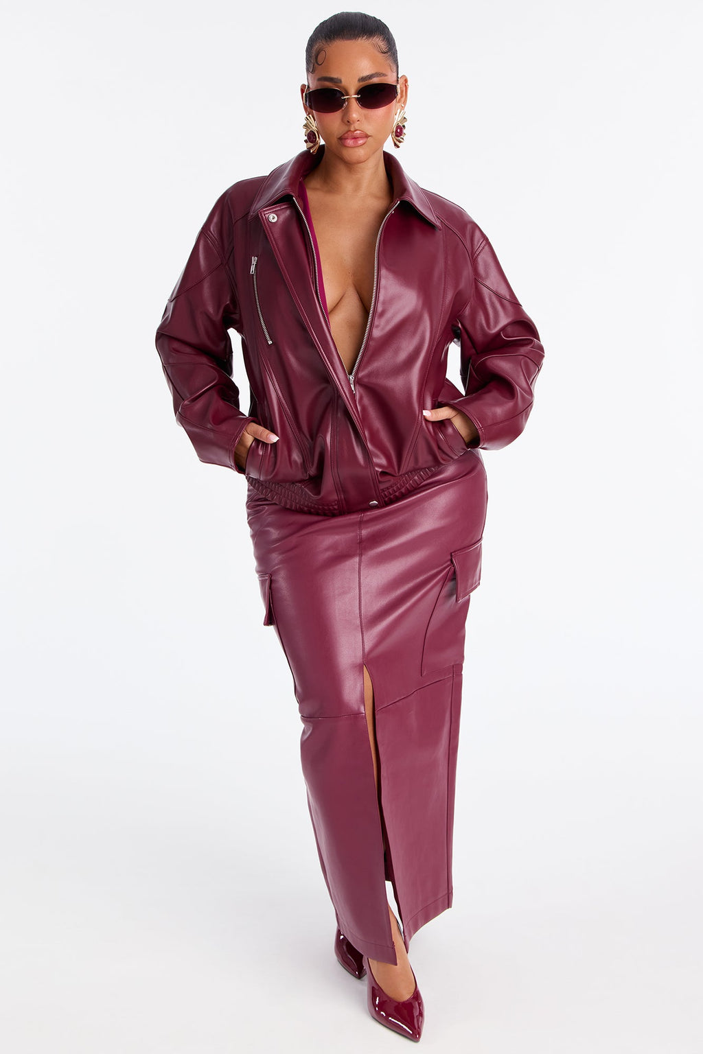 More To Come Faux Leather Bomber Jacket - Burgundy