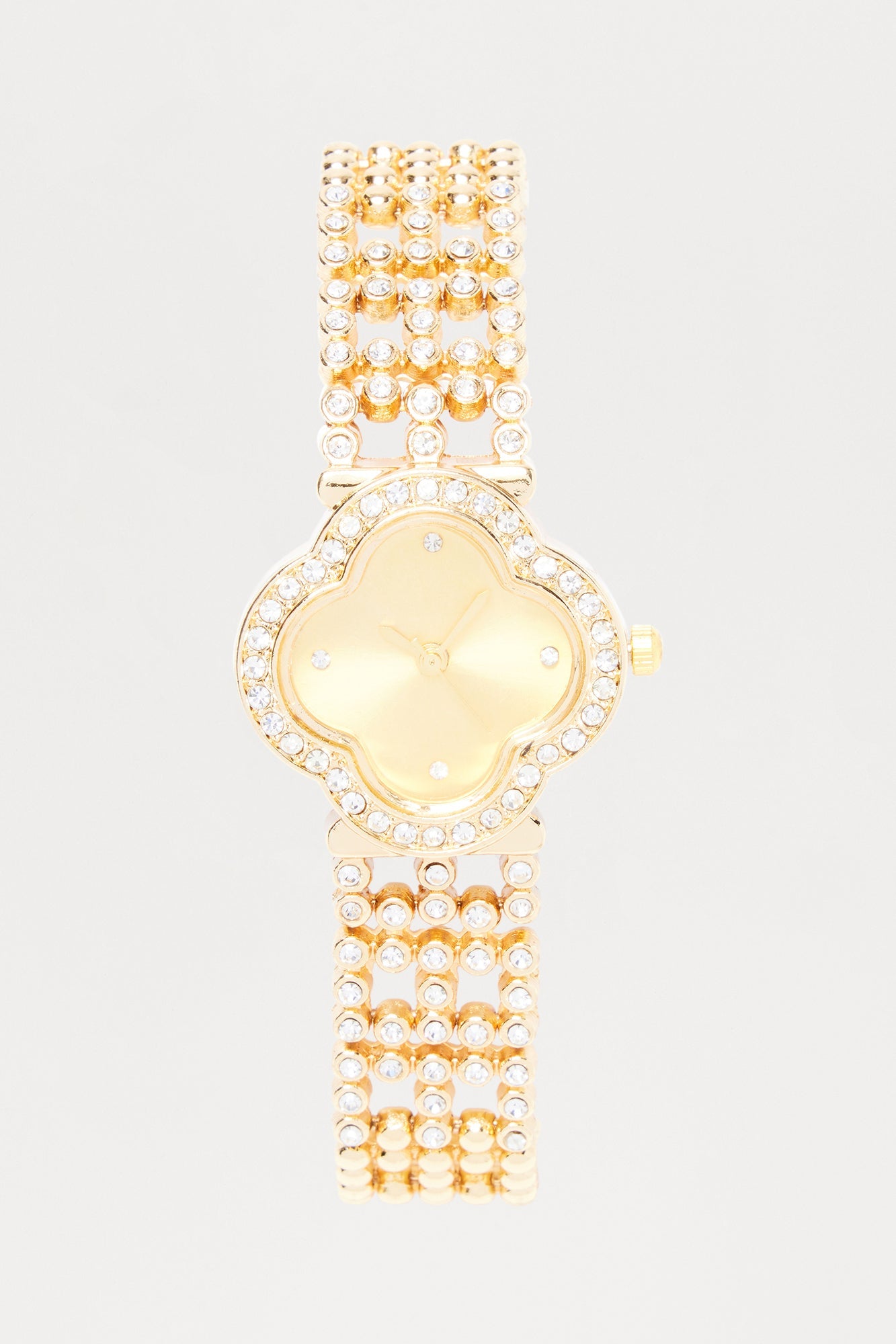 Time Is Up Rhinestone Clover Metal Watch - Gold