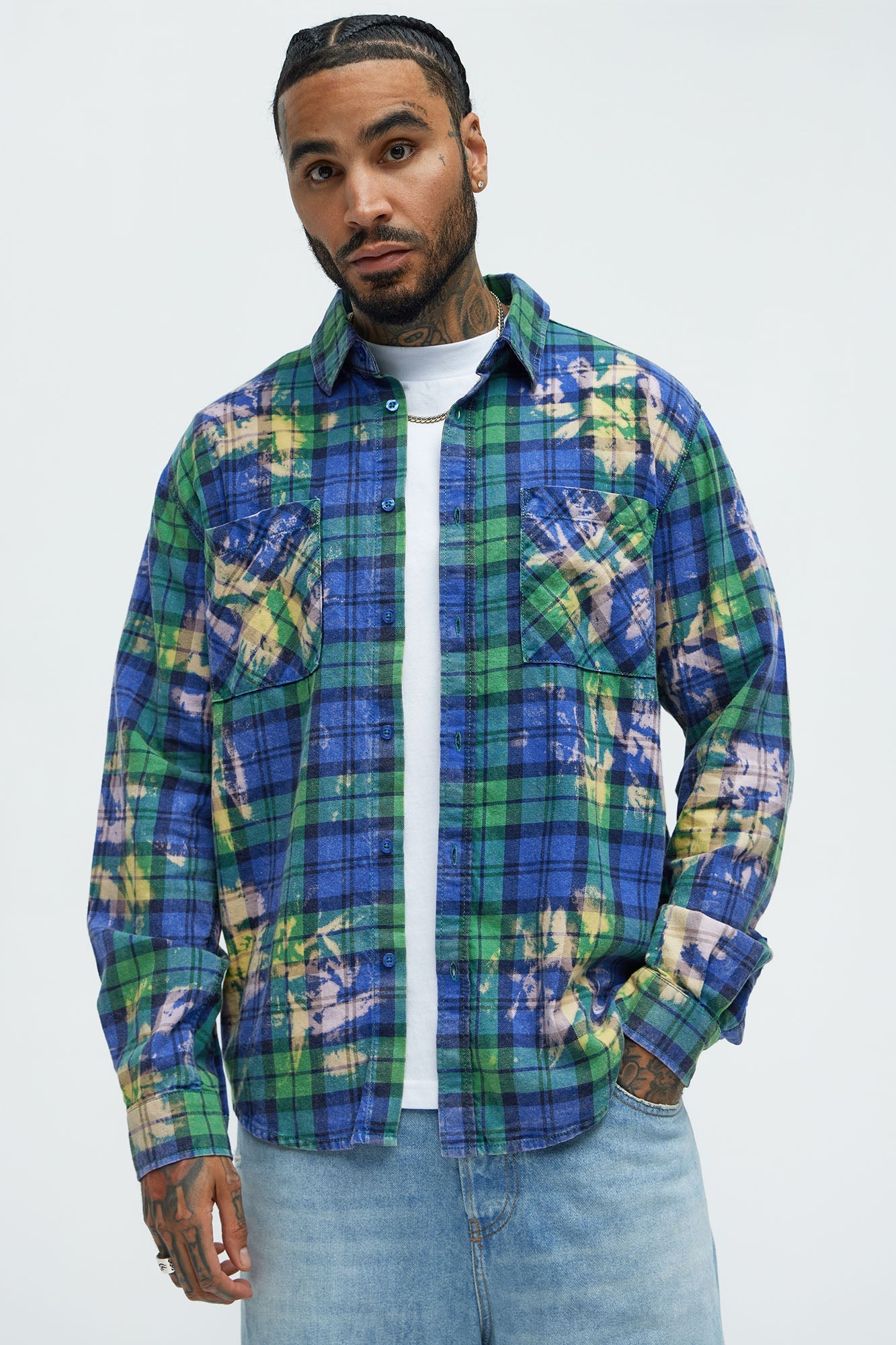 Ekon Bleached Plaid Shirt - Blue/combo