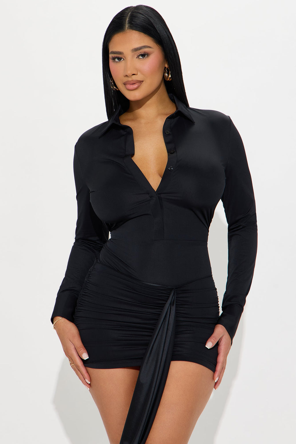Greer Collar Draped Mini Dress - Black